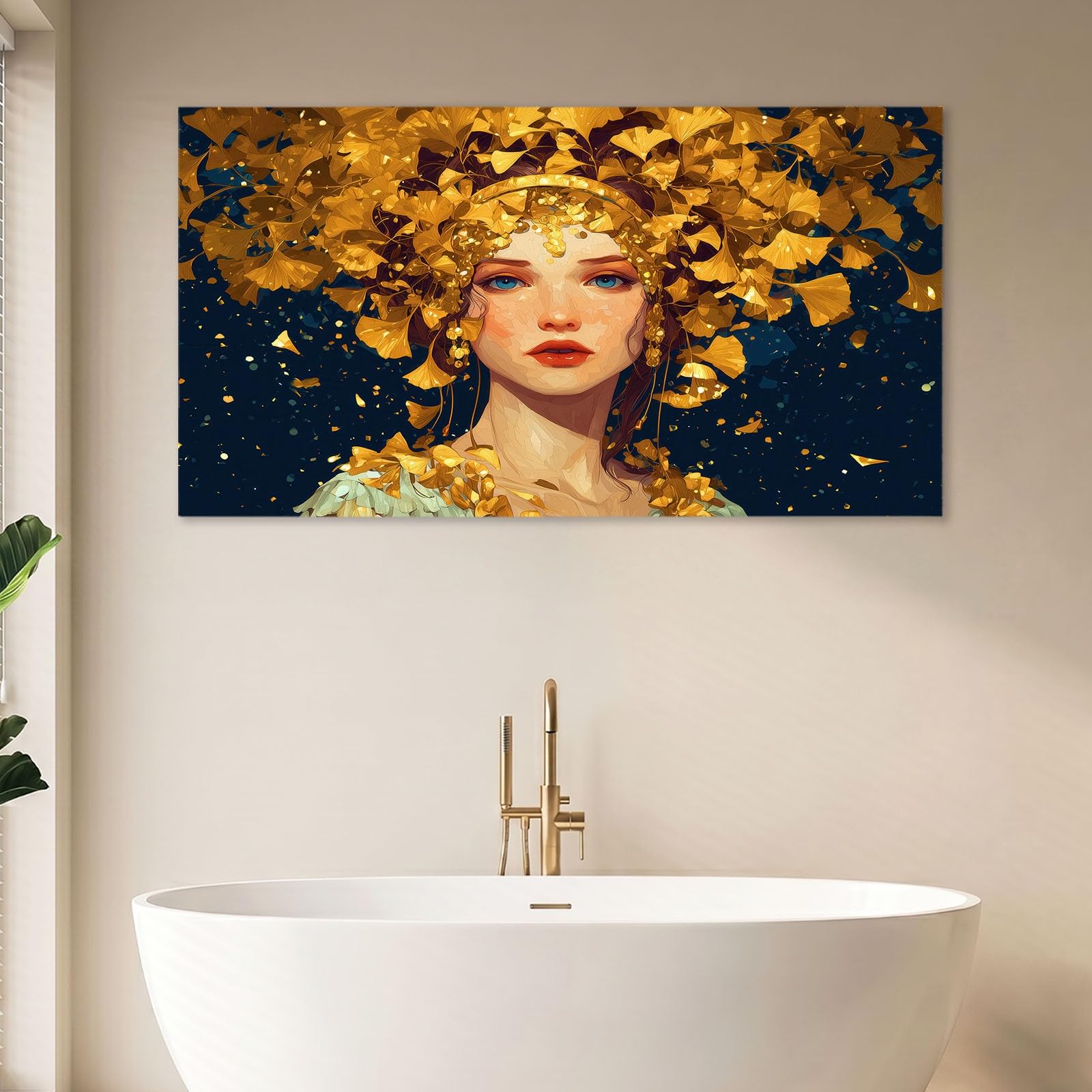 Leinwandbild Bilder 90 x 60 cm Fantasie Wanddeko, Schwarz Dame Gold Ginkgoblatt Kunstdruck, Wandbilder für Wohnzimmer, Schlafzimmer & Esszimmer