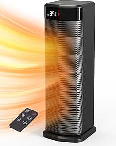 QEXREED Calefactor Bajo Consumo, 2000W PTC Calefactor, 4 Modos, Modo ECO, Termostato, 90° Oscilación, Temporizador 24H, Control Remoto, Protección contra Vuelcos y Sobrecalentamiento para Interiores