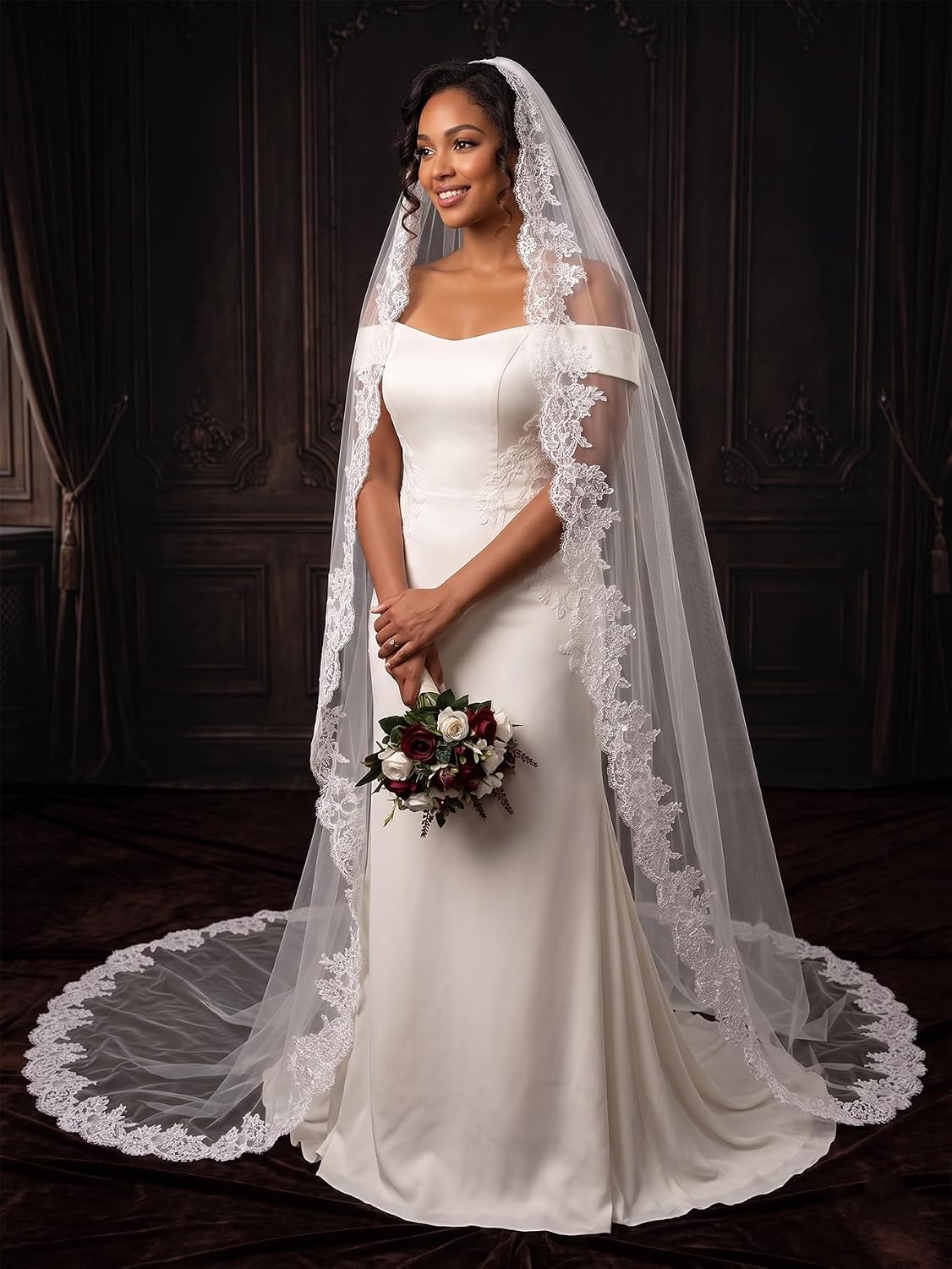 Cathedral Length Floral Lace 1 Tier Wedding Bridal Veil with Comb for Bride Ivory