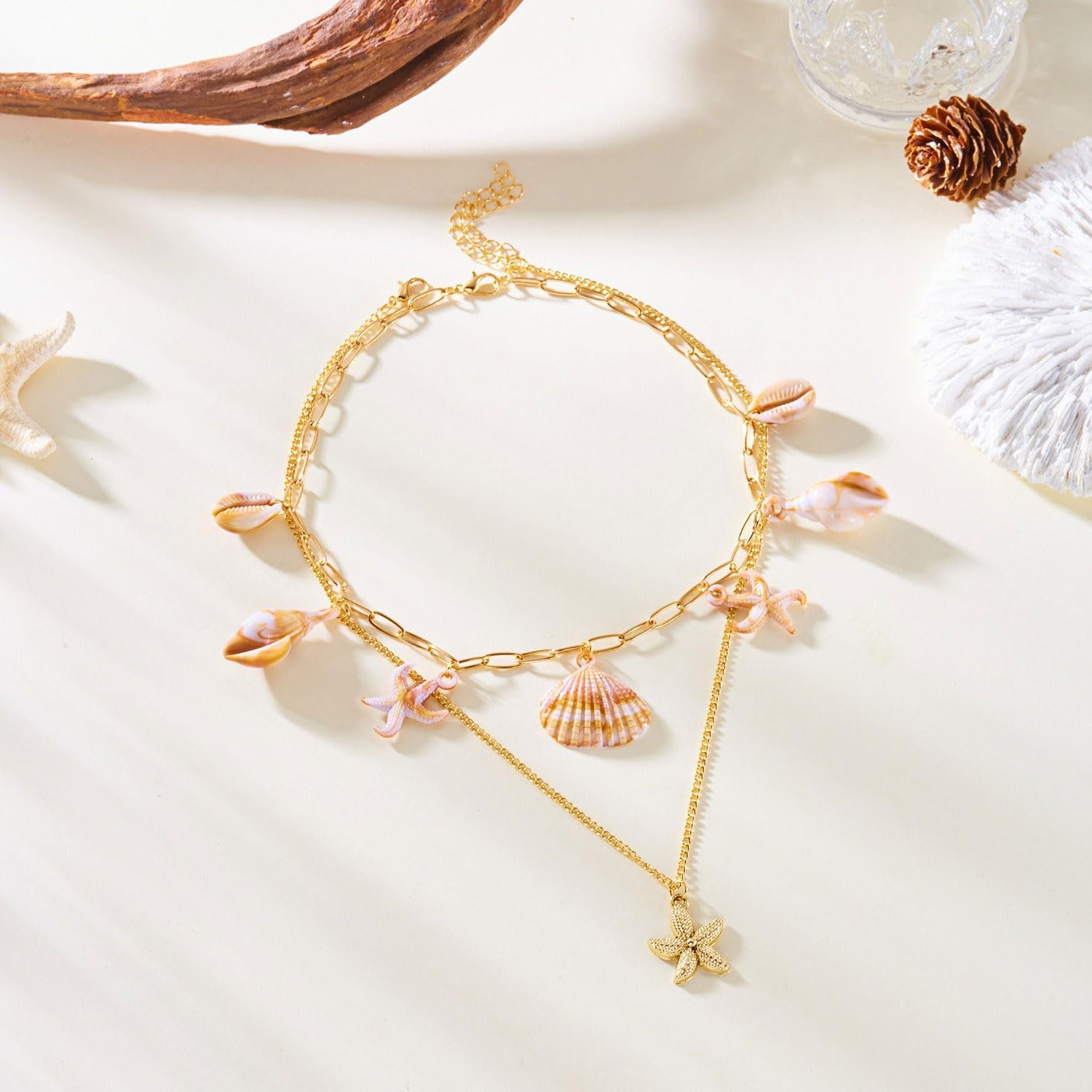 Chunky Gold Shell Necklace for Women Chunky Starfish Shell conch Pendant Necklaces Layered Pearl Beaded Choker Necklaces Summer Beach Jewelry Gifts for Women - Image 6