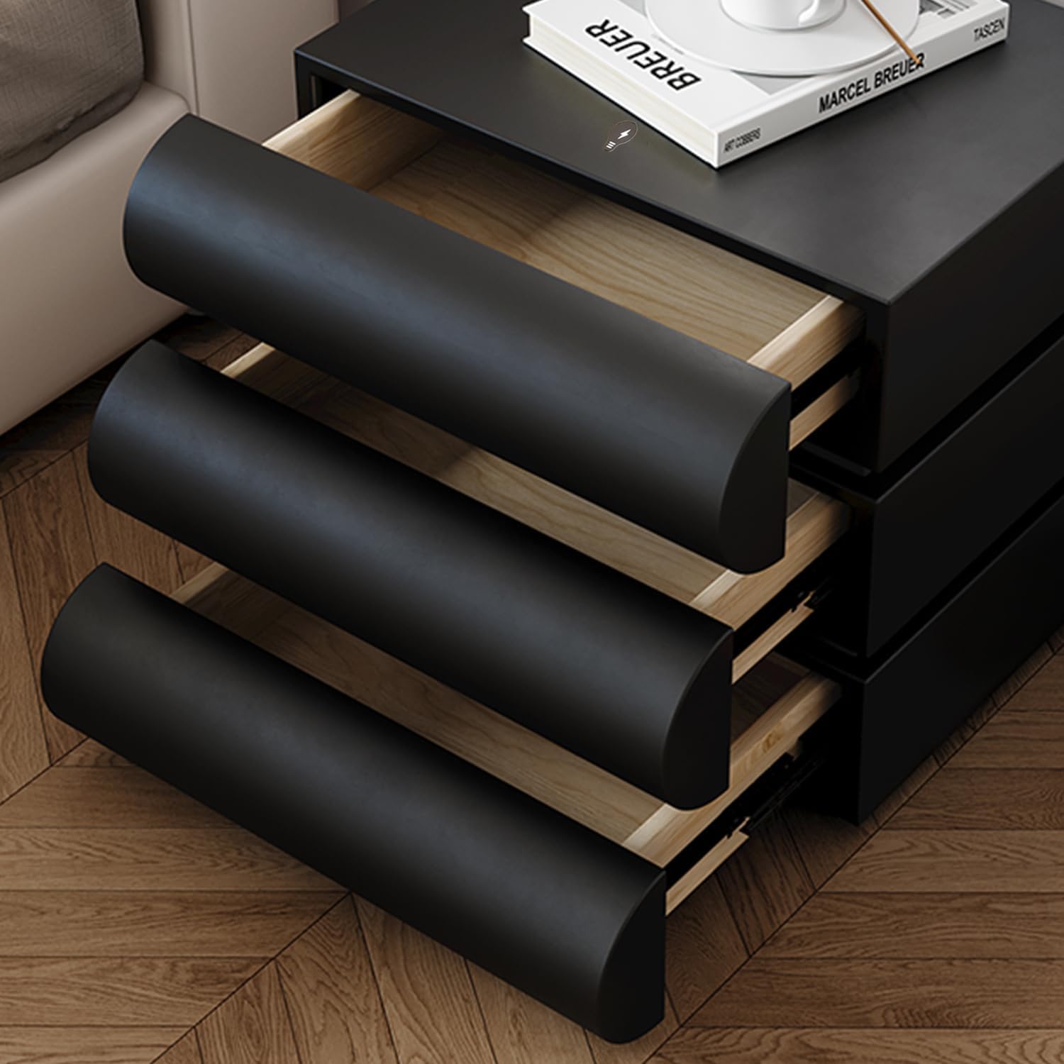 White Night Stand with LED Light, Leather Nightstand, Modern Bedside Table with 3 Solid Wood Drawers, No Assembly Required(19.7''H) (White)