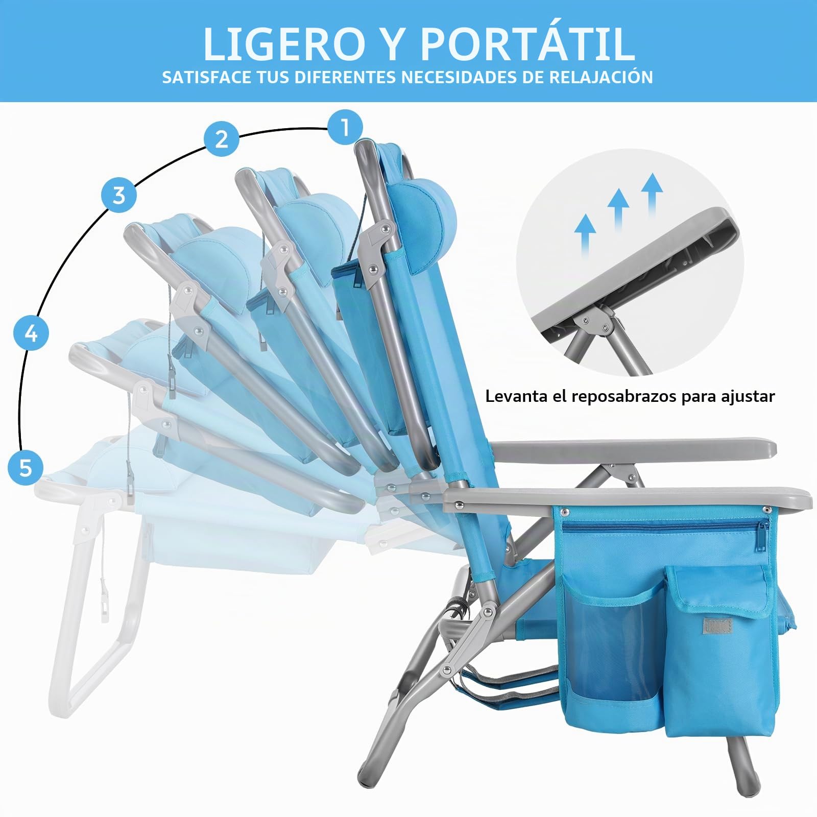 LIFERUN Silla de Playa Plegable, Silla Plegable Ligera y Portátil como Mochila, Silla de Camping, Reclinable, Capacidad de Carga de hasta 150 kg, Silla Plegable de Exterior