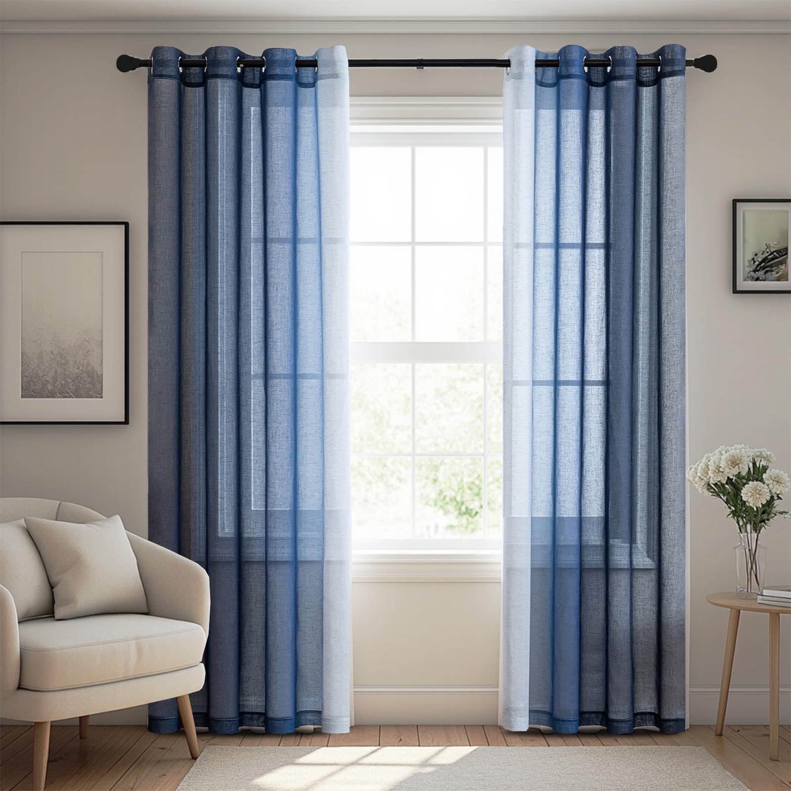 BellaHills Cortinas Azul Marino Color Degradado Visillos Dormitorio 2 Piezas 117x137cm Cortinas Translucidas de Aspecto de Lino con Ojales para Salon Comedor OEKO-TEX STANDARD 100