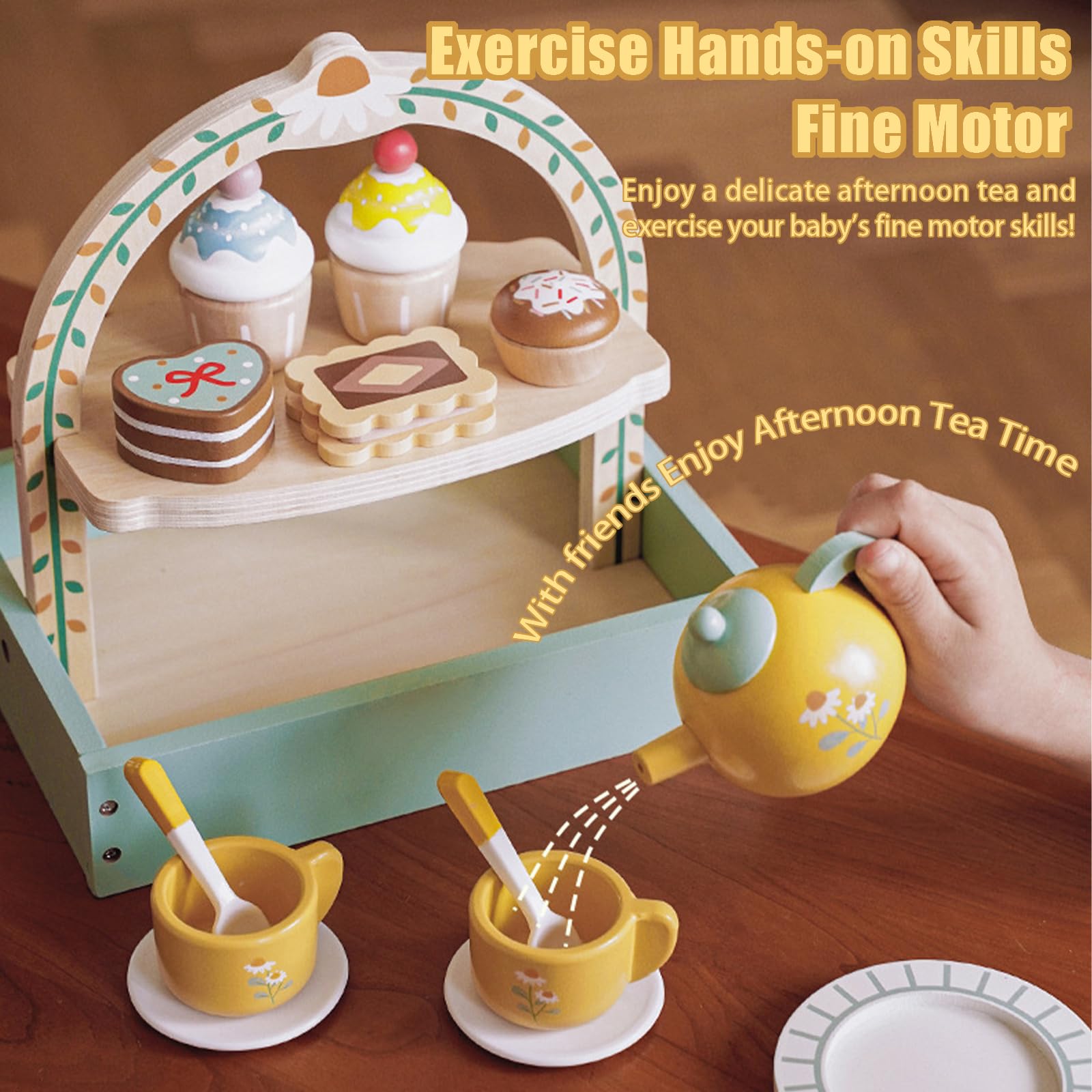 Kinderküche Teeservice Kinder Holz, Teeparty Set spielküche zubehör für Kinder, Tee Set kinderküche zubehör Holz, Holzspielzeug Kinderspielzeug Kindergeschirr Rollenspiele Geschenk