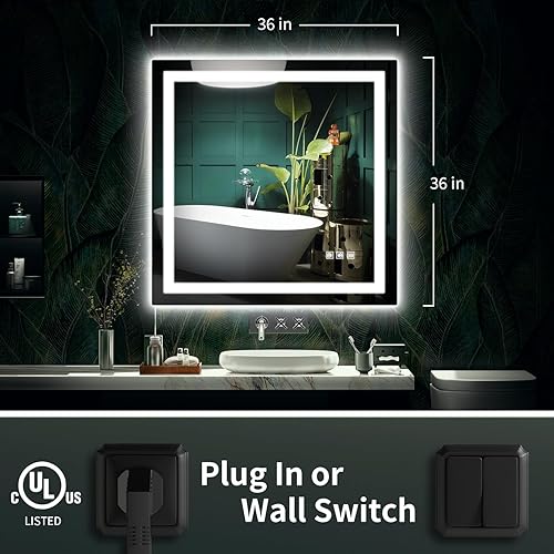 Miniatura 7 de Espejo LED para baño, retroiluminado de 36 x 36 pulgadas + espejo de tocador de baño iluminado frontal con luces para pared, tiras de luz dobles, 3