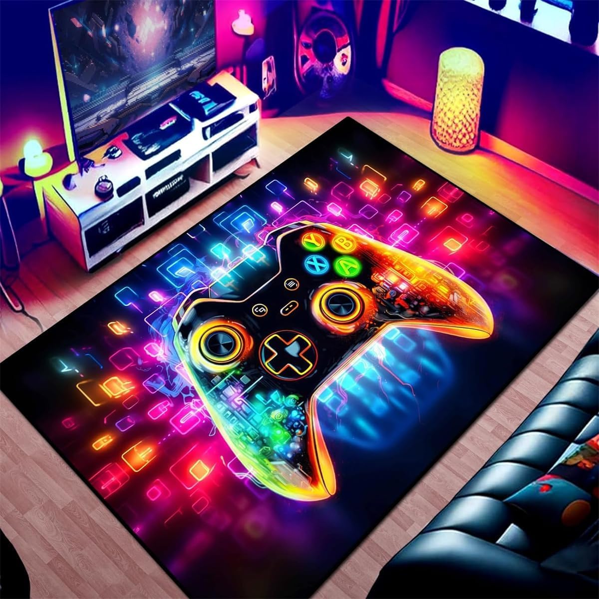 Xisnuient Men's Blue Teenager Bedroom Rugs Gamer Rug Gaming Deco Boys Room Modern Living Room Anti-Slip Rug 3D Dazzling Neon Coloured Graffiti Game Console Soft Flannel Carpets (,160X200cm)