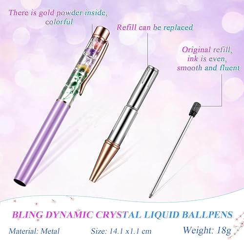 Miniatura 10 de HESTYA 16 bolígrafos con purpurina de cristal elegante con arena líquida dinámica y recambios, bolígrafo de regalo de flores de metal brillante de