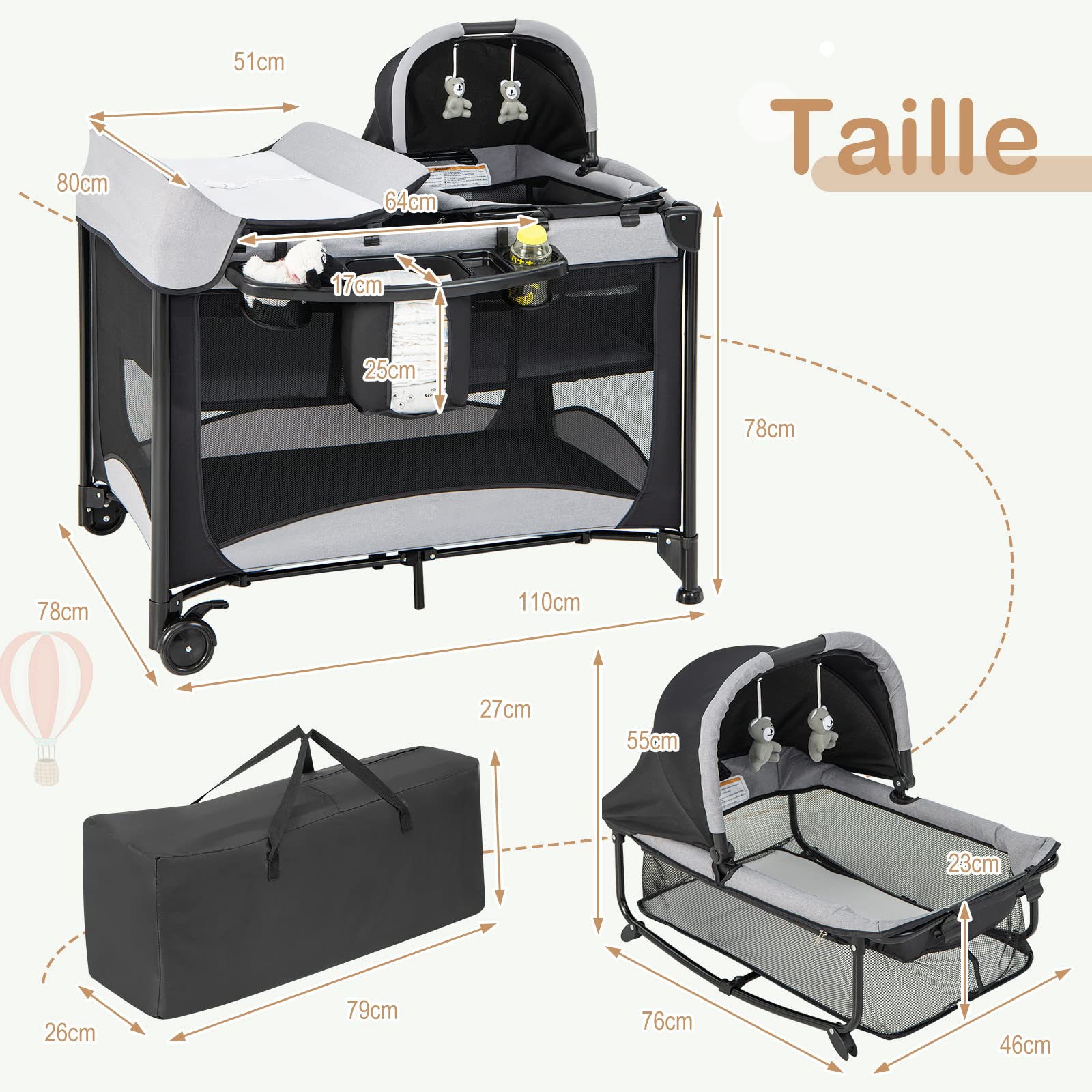 DREAMADE 5 en 1 Lit Parapluie Bébé 110x78x78CM avec Matelas&Berceau Amovible Lit de Voyage Bébé 0-3 Ans avec Porte-Couche,Table à Langer,roulettes avec Freins (Nior1)