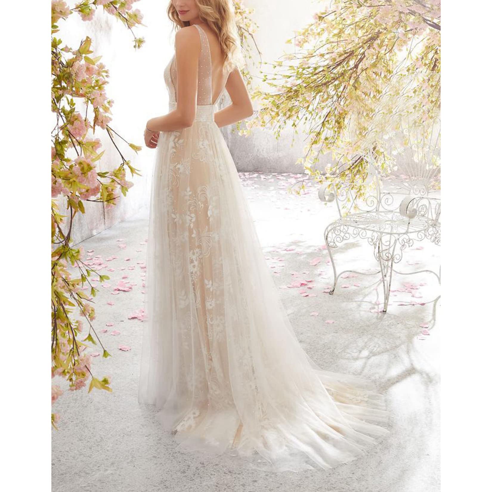 Dawwoti Vestido De Novia para Mujer Double V Cuello Una Línea Empire Wasit Lace Tuille Vestidos De Noche