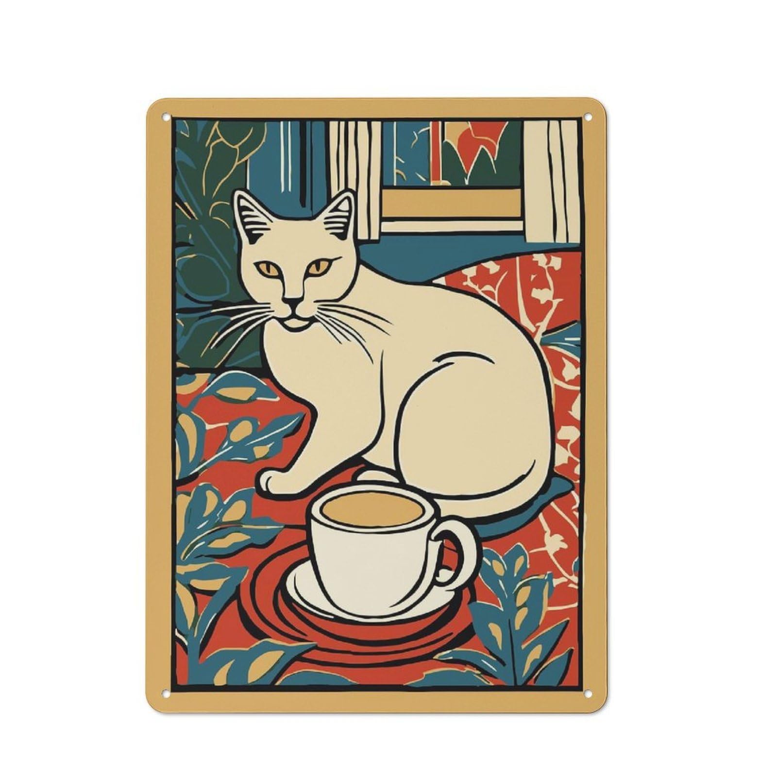 Junmoney Style-19 Cat And Coffee Rustic Tin Sign 40X30cm For Living Room Wall, Suited To Home Wall Decor Collectors