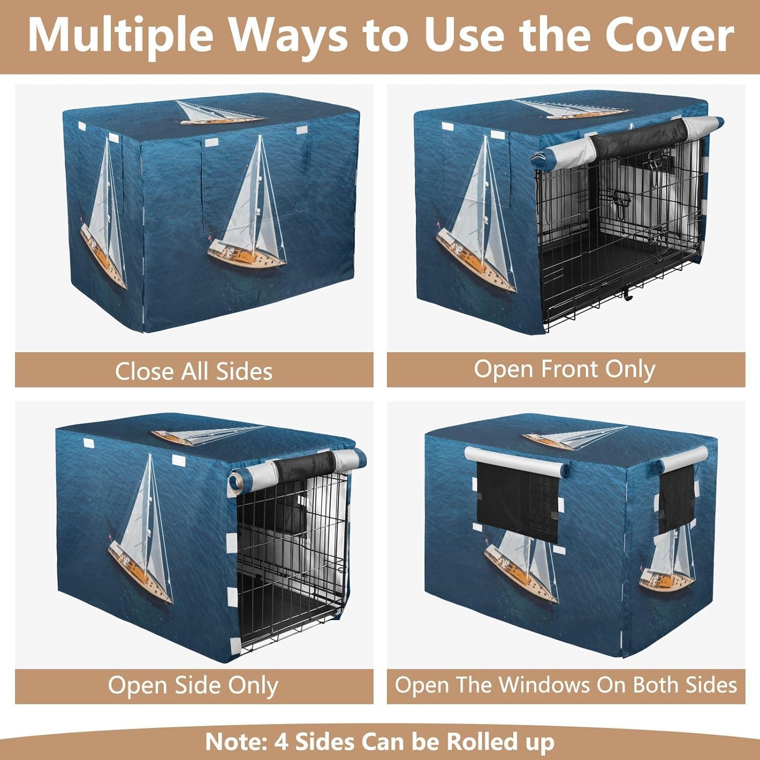 Sailboat Navy Blue Dog Crate Cover Washable, S-XL Wind-Resistant Cage Cover for Indoor Pets, X-Large