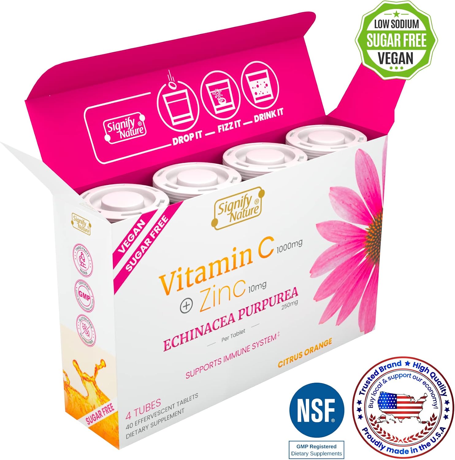 SIGNIFY NATURE Echinacea Liquid Vitamin C with Zinc– Sugar Free & Vegan Vitamin C 1000mg Immune Support Vitamins Effervescent Tablets for Healthy Drinks, Immunity Booster, Antioxidant – 40-Day Supply