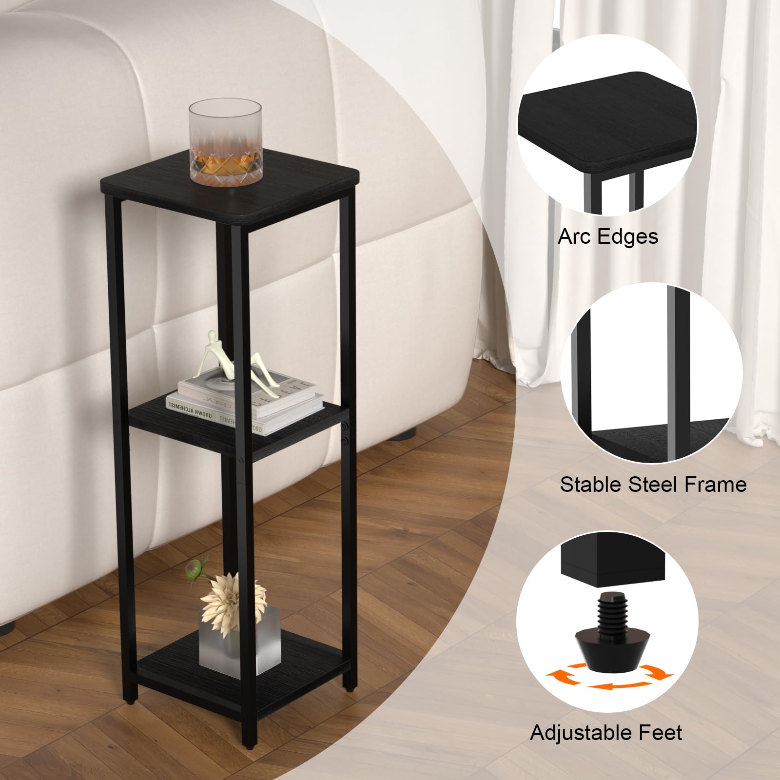 GHIMIGN 10" Wide Square Drink Table with Adjustable Feet - 3-Tier Small Side Table for Apartments, Balcony & Office | Space-Saving, Lightweight & Multi-Functional (Plants, Books, Drinks,Black) 2
