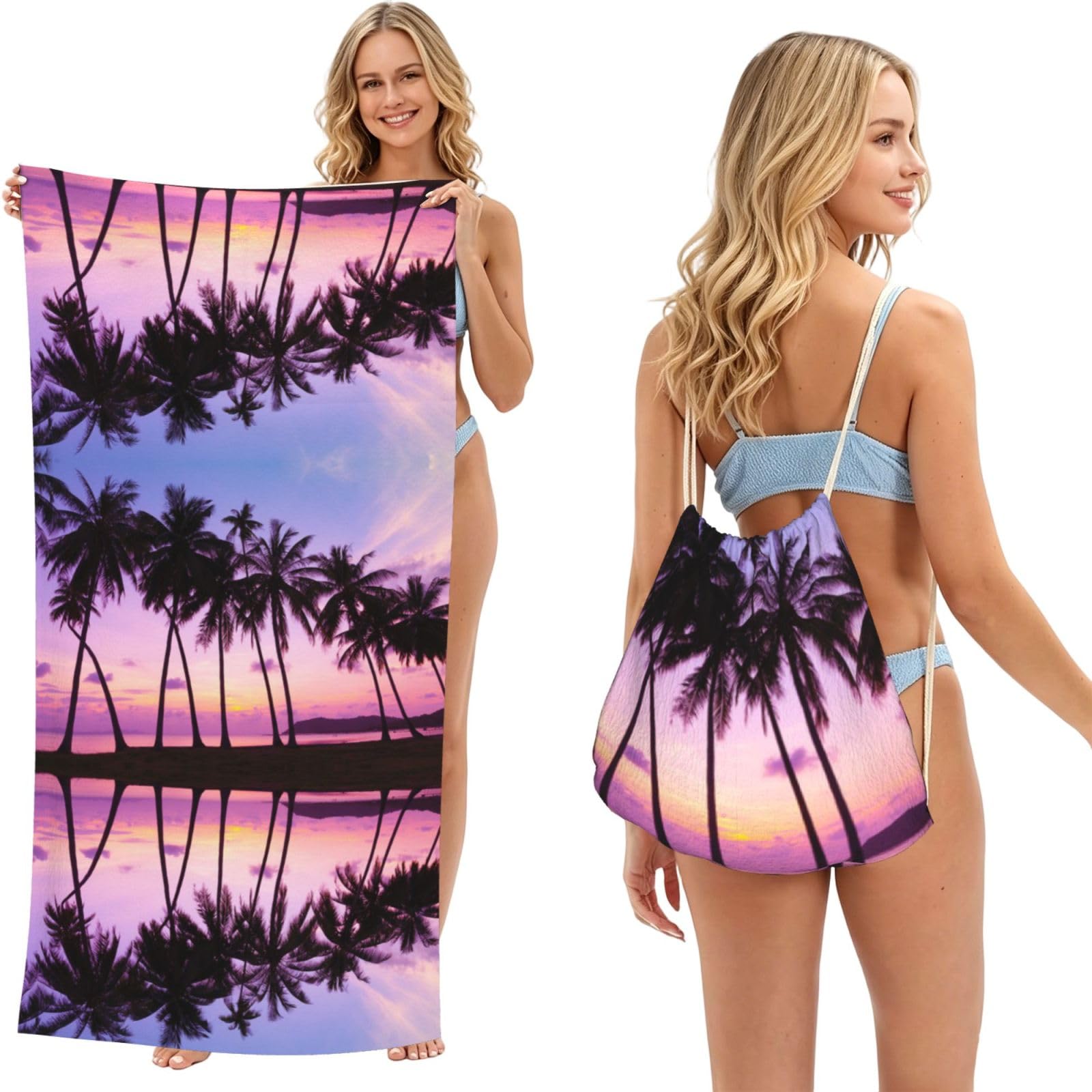 SATUSA Palm Print 2-In-1 Foldable Beach Towel Backpack – Camping, Yoga And Travel,Bath Towel With Built-In Storage, Convertible Beach Mat & Carry Bag