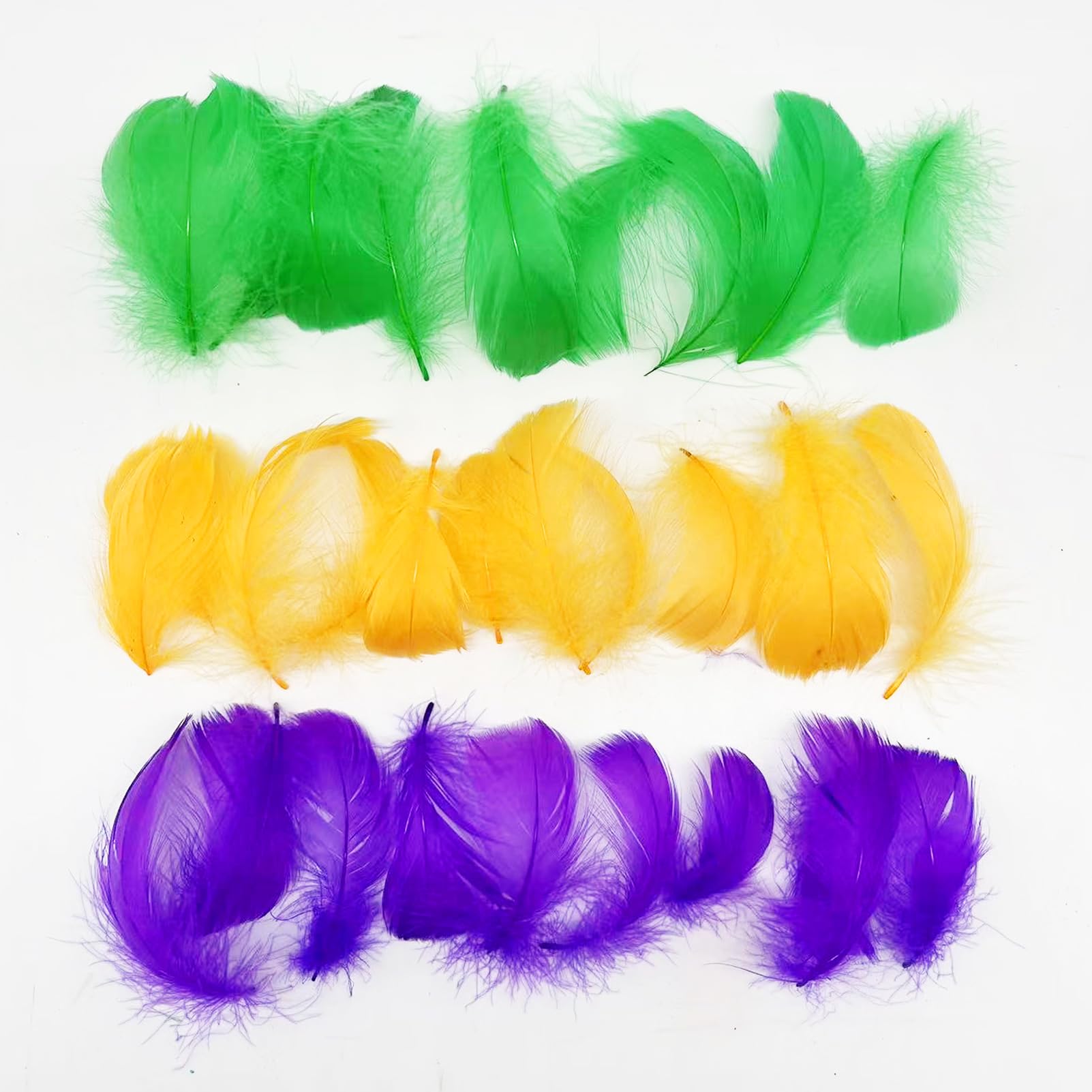 300PCS Purple Green Gold Goose Feathers 2-3Inch Small Mardi Gras Feathers Bulk for Masks Crafts Hats Carnival Costume Masquerade Party Centerpieces Decoration