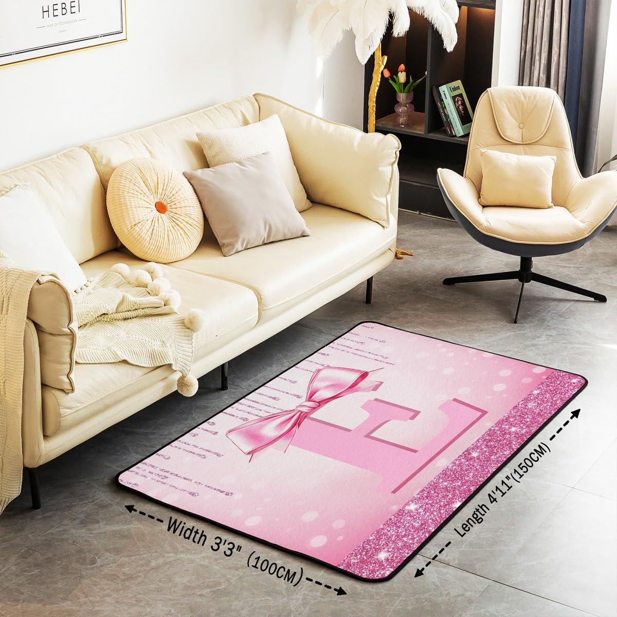 Homewish Początkowy dywan w kształcie litery E, 100 x 150 cm, dziewczęcy różowy dywan brokat kokarda wewnętrzna mata podłogowa alfabet litera nastolatka dekoracyjny zmywalny dywan preppy