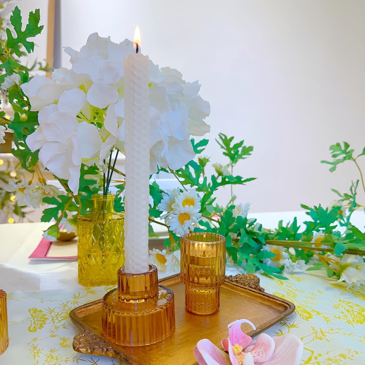 Double Sided Vintage Ribbed Taper Glass Candle Holders,Tea Candle Holder for Table Centerpieces, Wedding Decorations and Dinner Parties (Amber, 3 PCS) - Image 9