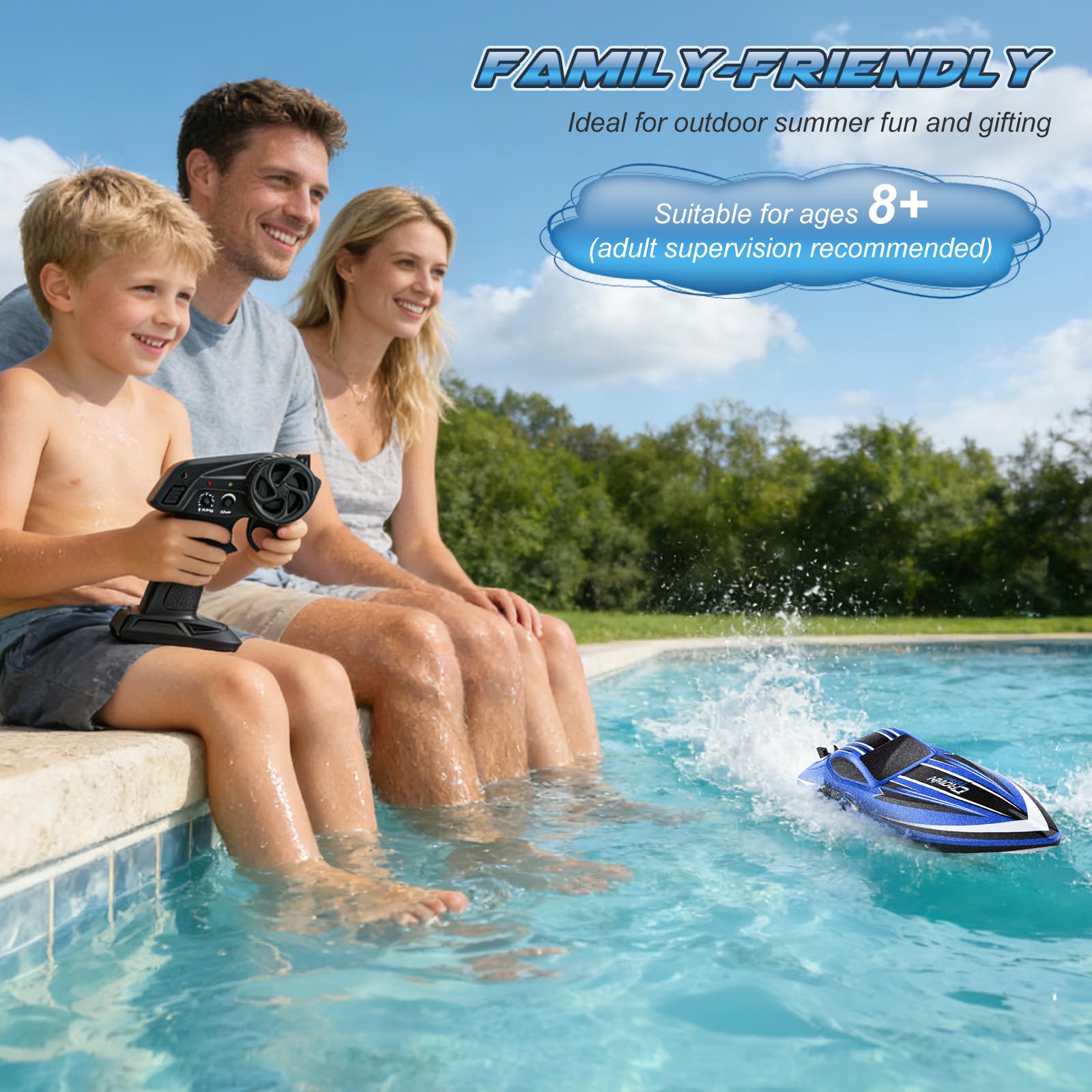 Bateau télécommandé avec éclairage LED, bateau RC de 42 cm, 35 km/h, autonome, 2 batteries, télécommande 2,4 GHz, étanche et résistant aux coups, pour enfants et adultes, piscine, lac (bleu)