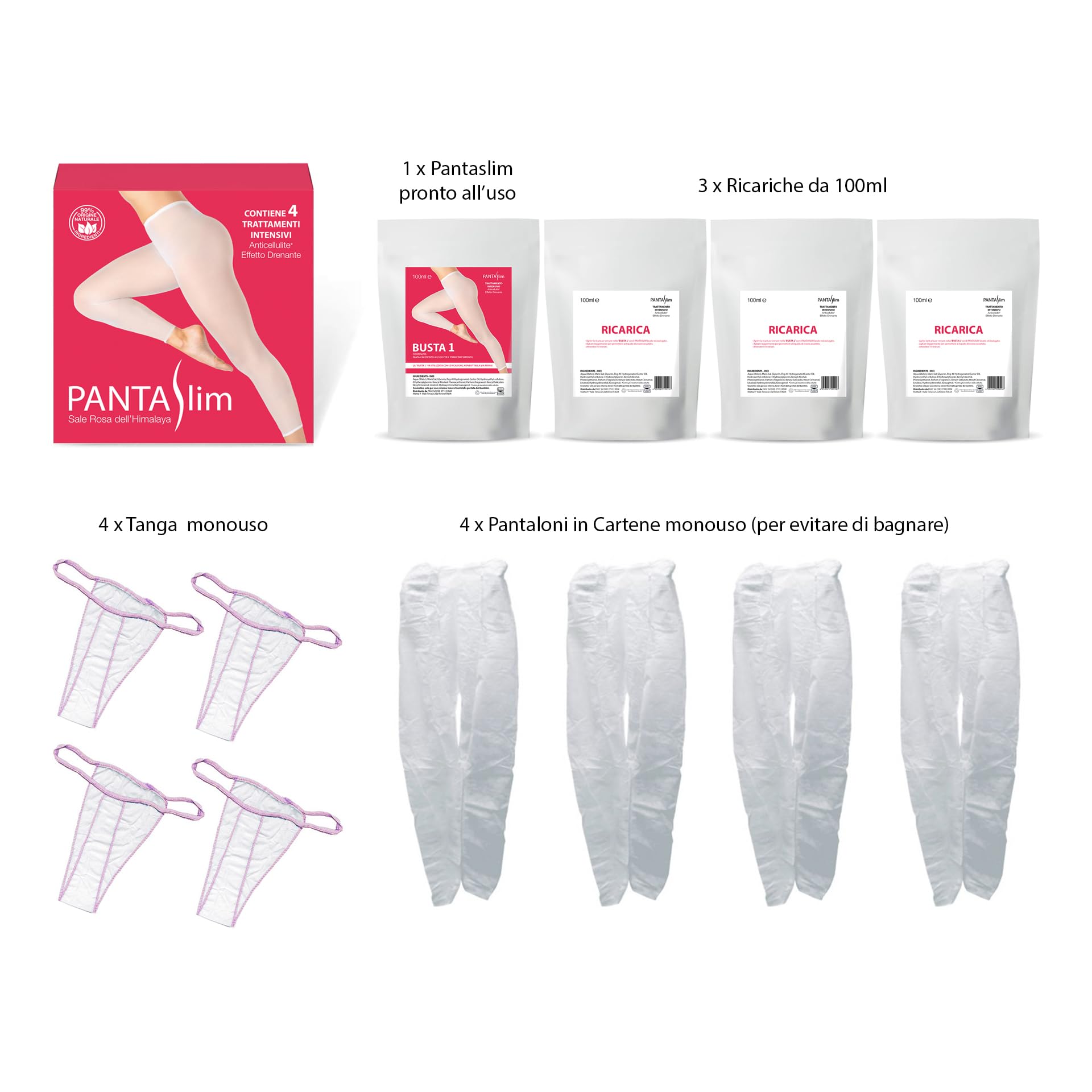 PANTASLIM L'Originale kit con 4 trattamenti - collant drenante anticellulite con Sale Rosa dell'Himalaya - compresi pantaloni in cartene e tanga monouso - Inci 99% di originale naturale