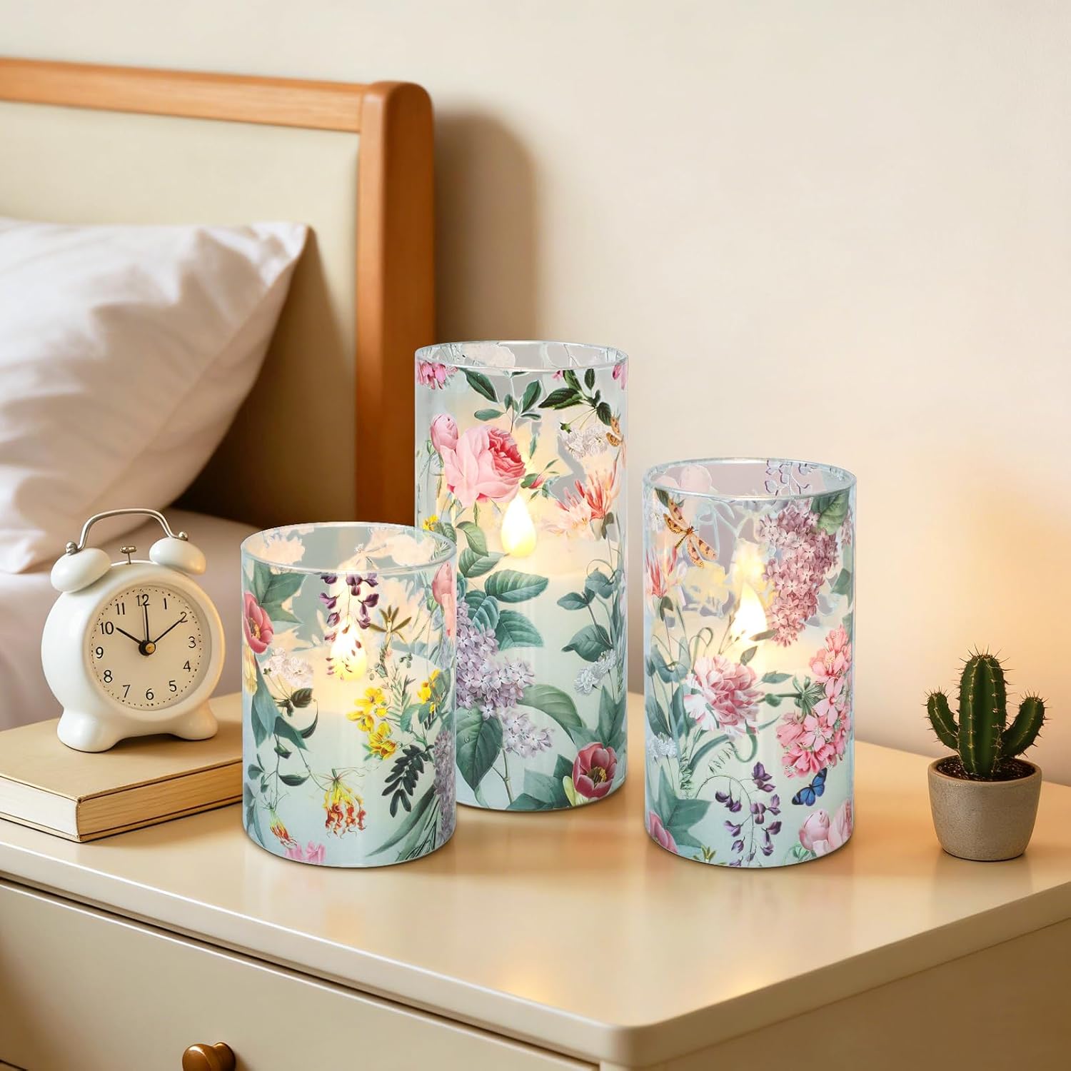 Glass Flameless Candles with Remote Timer Floral Battery Operated LED Flickering Blue Pillar Candle Real Wax Spring Summer Garden Dinner Christmas Holiday Farmhouse Decor D3 x H4, 5", 6"