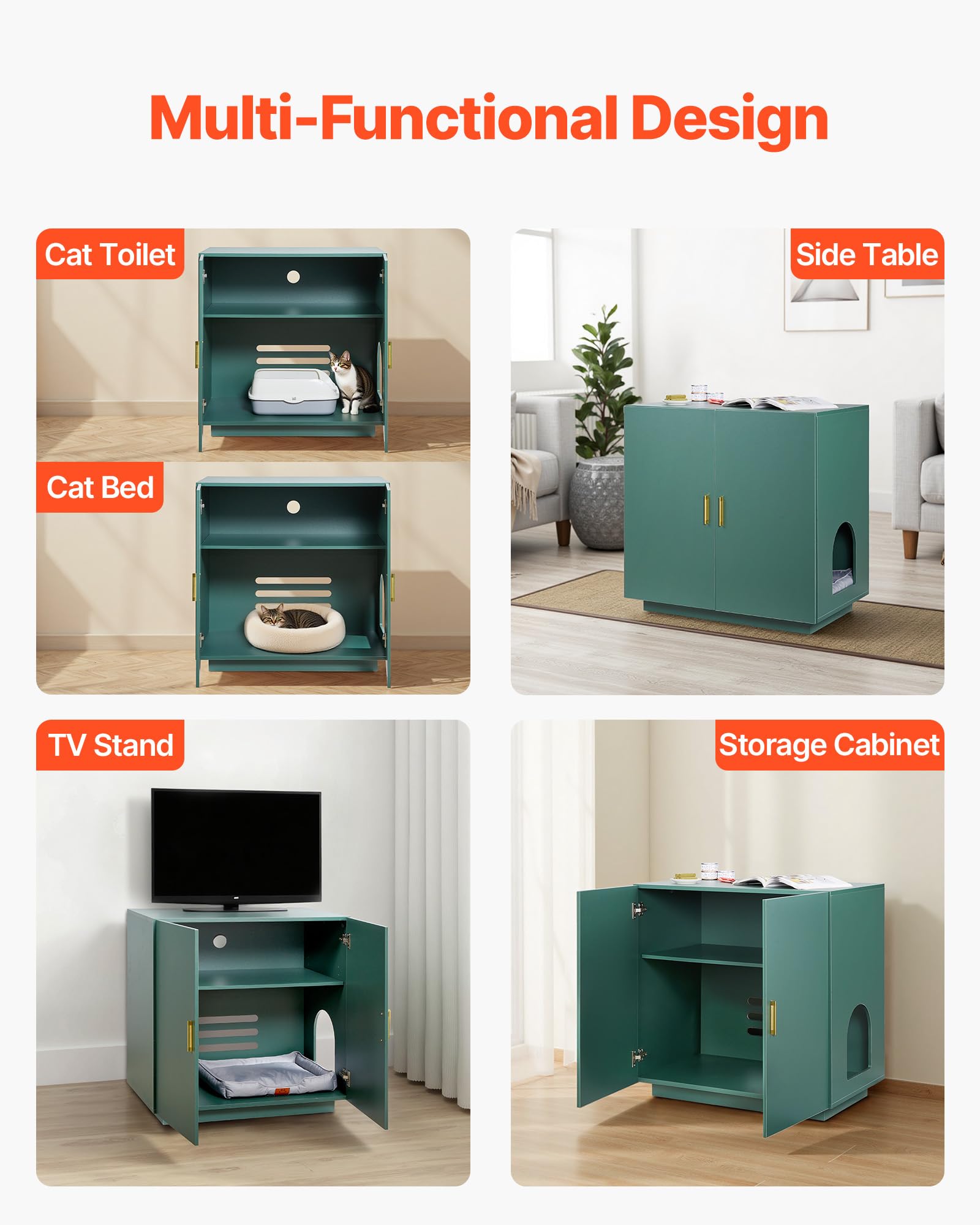 VEVOR Meuble pour Bac à Litière Chat Armoire Cache Maison de Toilette de Chat Double Porte, Niche Cache-litière Bois avec Trous d'Aération, pour la Plupart Bacs à Litière Chats, 80 x 50 x 79 cm, Vert