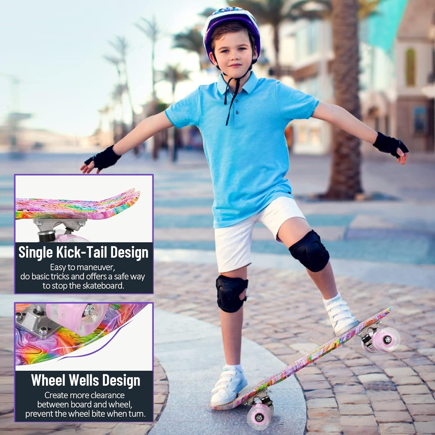 BELEEV 22 inch Skateboards for Kids, Cruiser Skateboard for Beginners Girls Boys Teens Adults, Mini Skateboards Classic Complete Skate Board with Skate T-Tool, Max Load 220 LBS