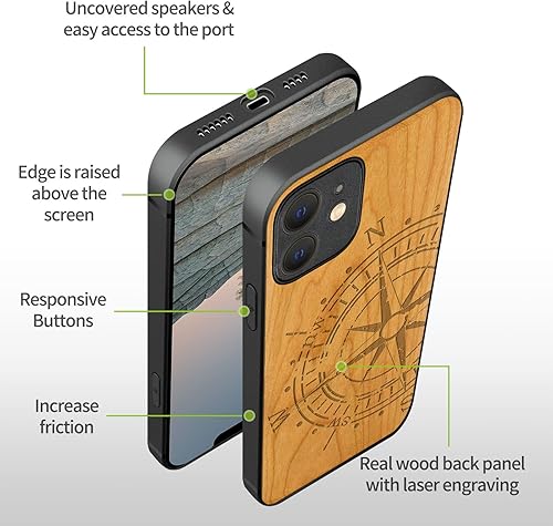 Miniatura 16 de Carveit Funda magnética de madera para iPhone 12 [madera natural y TPU suave negro] a prueba de golpes, funda de madera única y elegante compatible