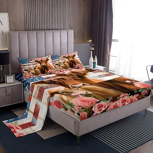 Manfei Highland Cattle - Juego de sábanas de tamaño matrimonial, juego de sábanas de flores rosas rosas de 4 piezas con sábana bajera de bolsillo