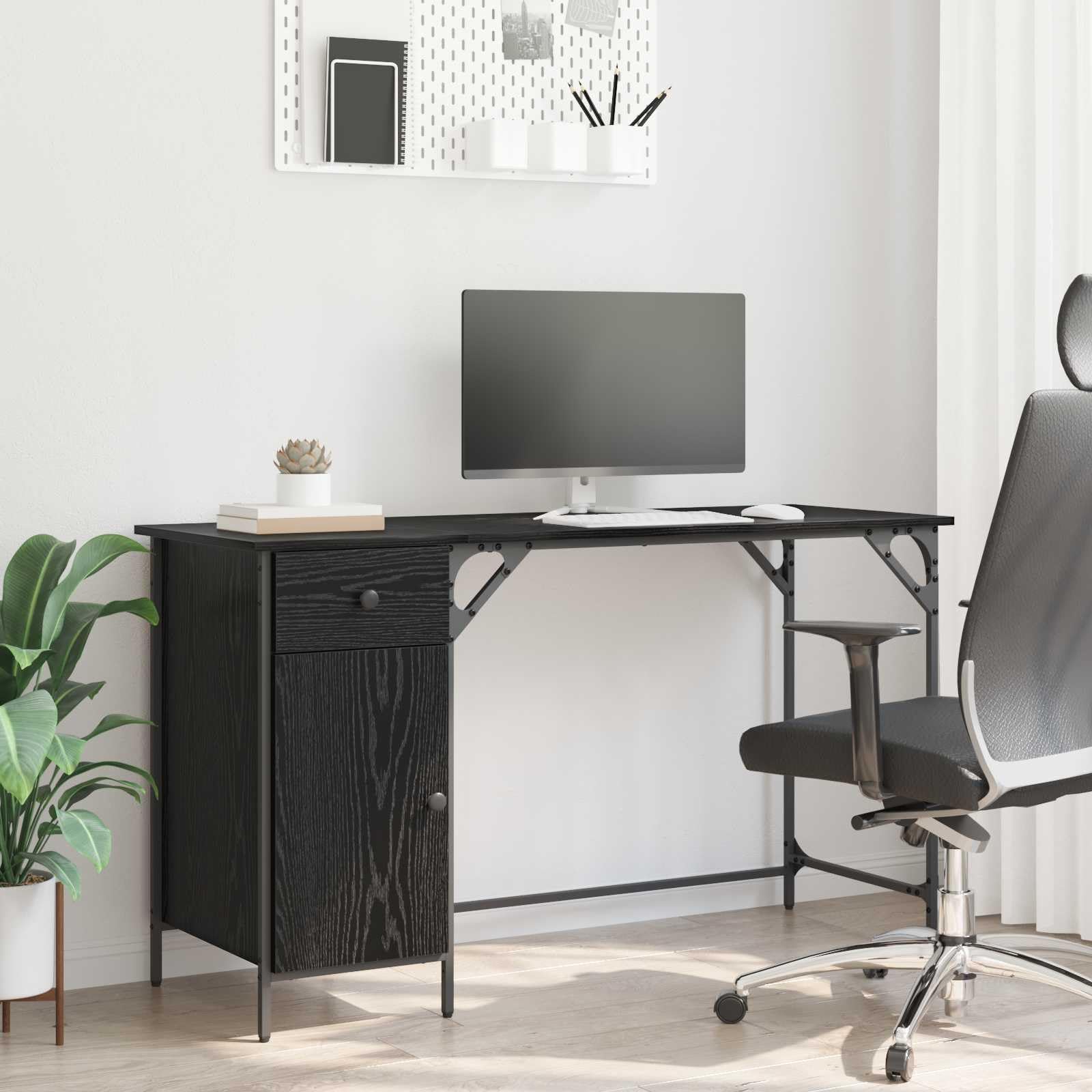 Scrivania per computer nera effetto rovere, in legno, 131 x 48 x 75 cm, con cassetto e molto spazio, per casa, ufficio, studio e postazione di lavoro per giochi