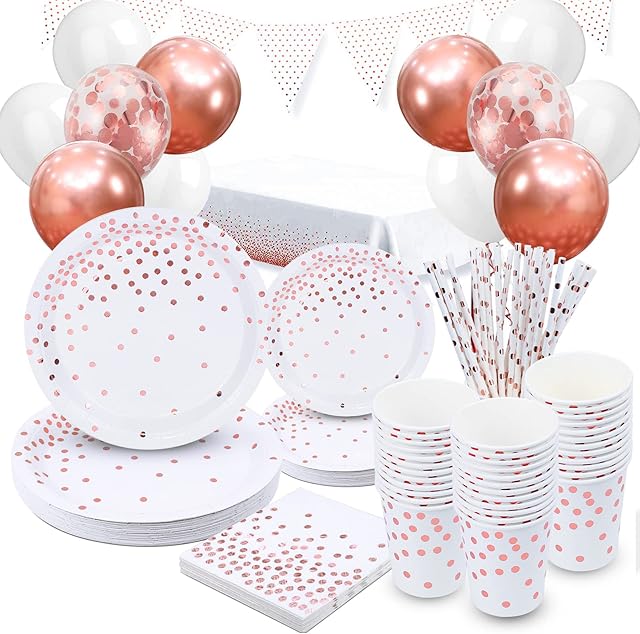 Party Paper Plates and Napkins Set, 97 Pcs Rose Gold Party Supplies, Rose Gold Party Tableware with Tablecloth, Cup, Banner, Rose Gold Balloon for Wedding, Birthday, Anniversary, Bachelorette Party