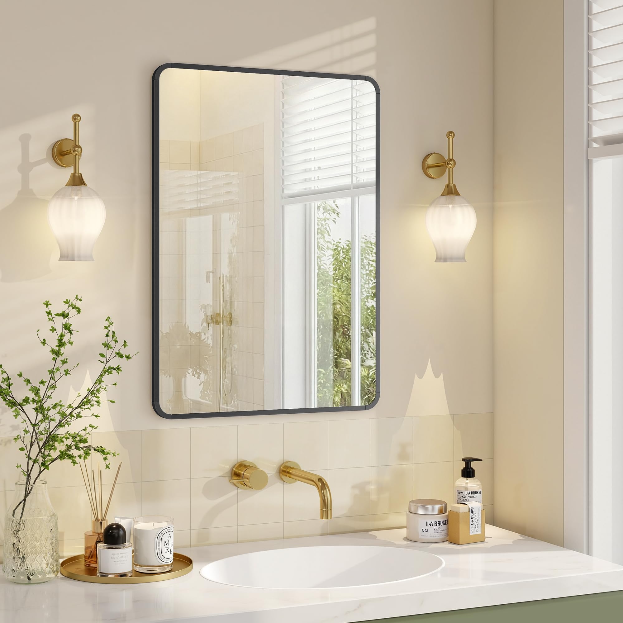 SONGMICS Bathroom Mirror, Wall Mounted Vanity Mirror, Rectangular, Aluminium Frame, 70 x 50 cm, with Safety Film, 2 Mounting Options, for Living Room, Bedroom, Bathroom, Ink Black LWM018BD01