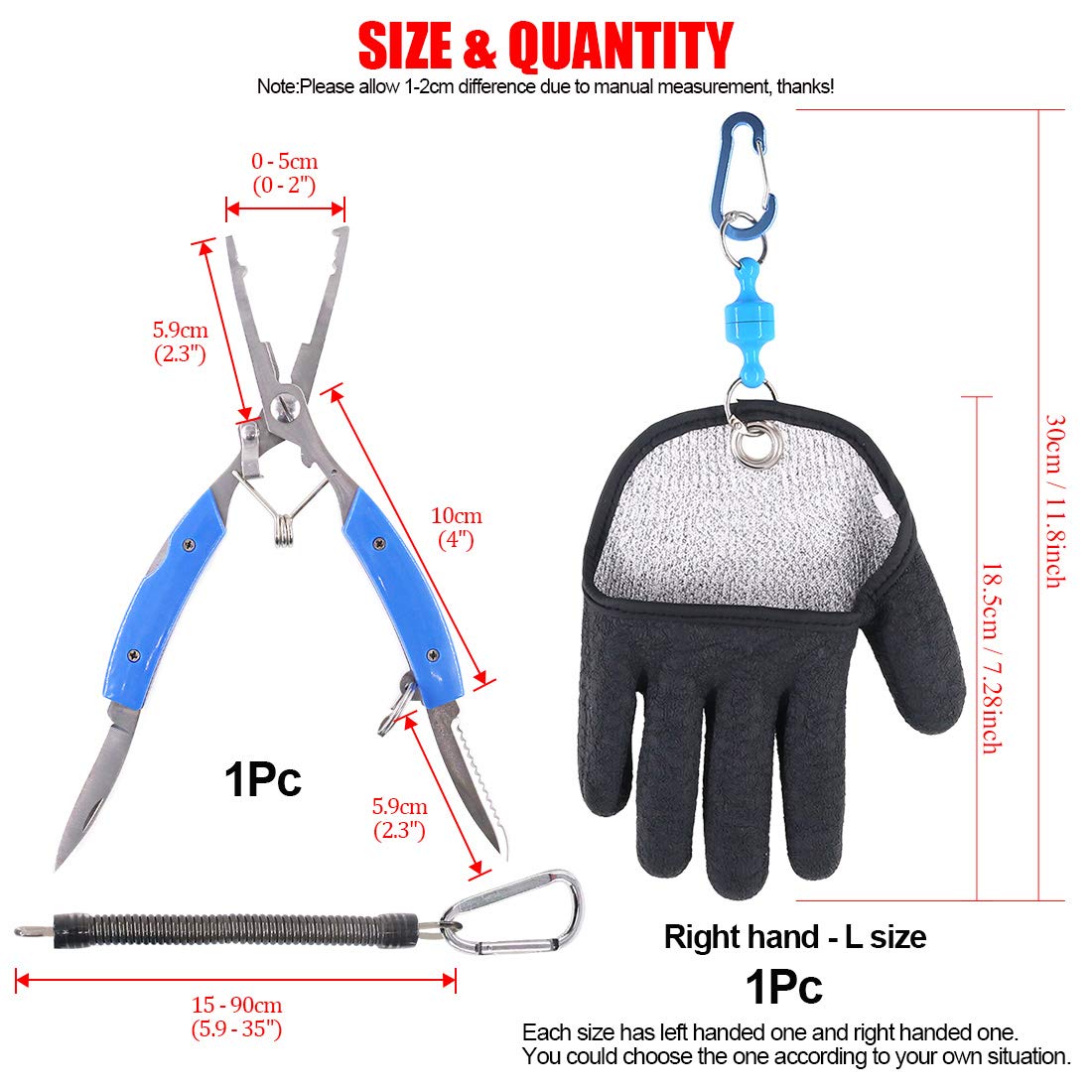 Hilitchi Gant De Pêche à Libération Magnétique + Pince En Inox – Large, Avec Gaine, Antidérapant