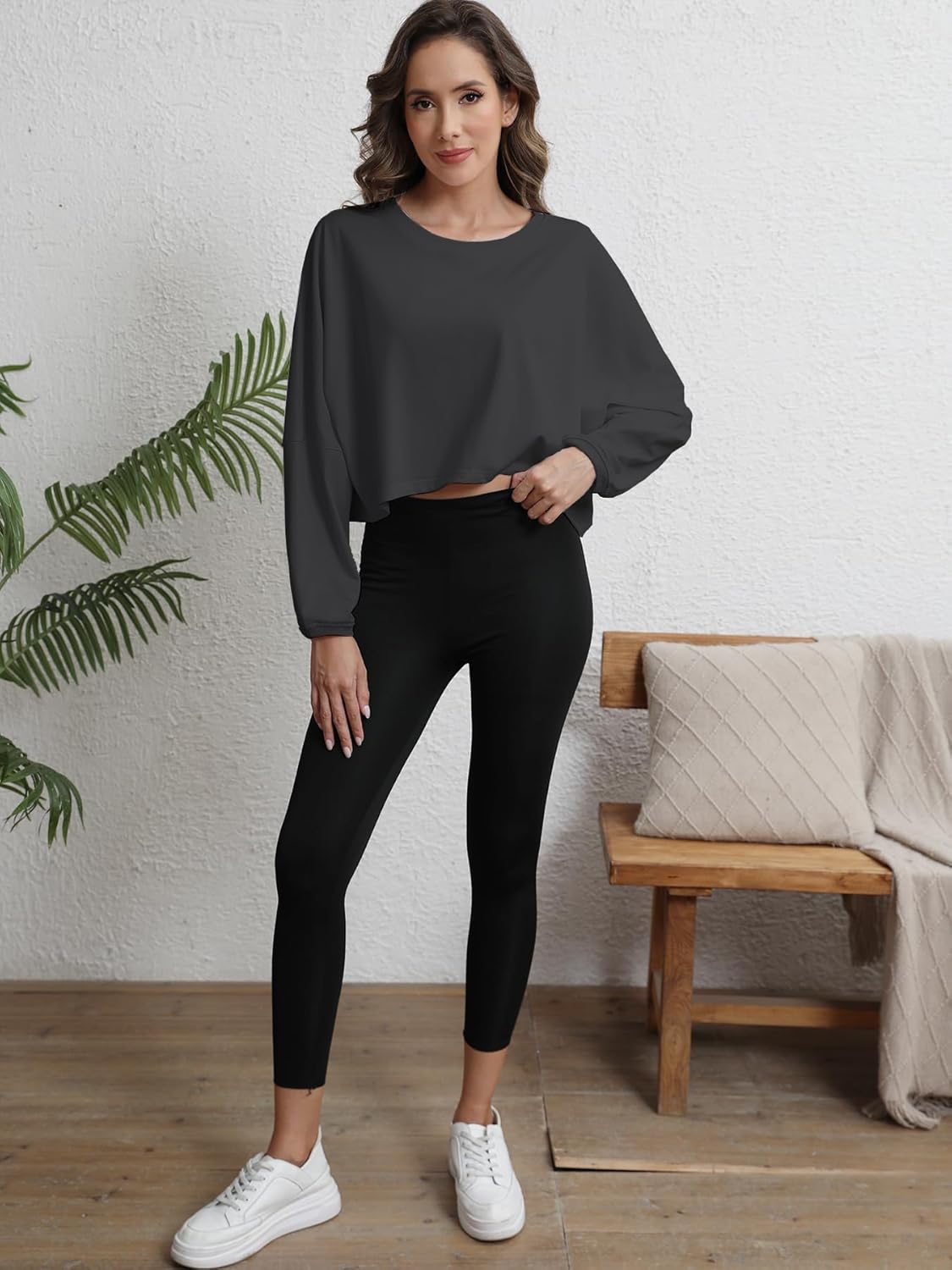 Womens Workout Tops Casual Sweatshirt Long Sleeve Cropped Plain t Shirts Crewneck Ladies Going Out Crop Loose Fit Fall Outfits for Women 2025 Trendy Dark Grey XS - Image 4