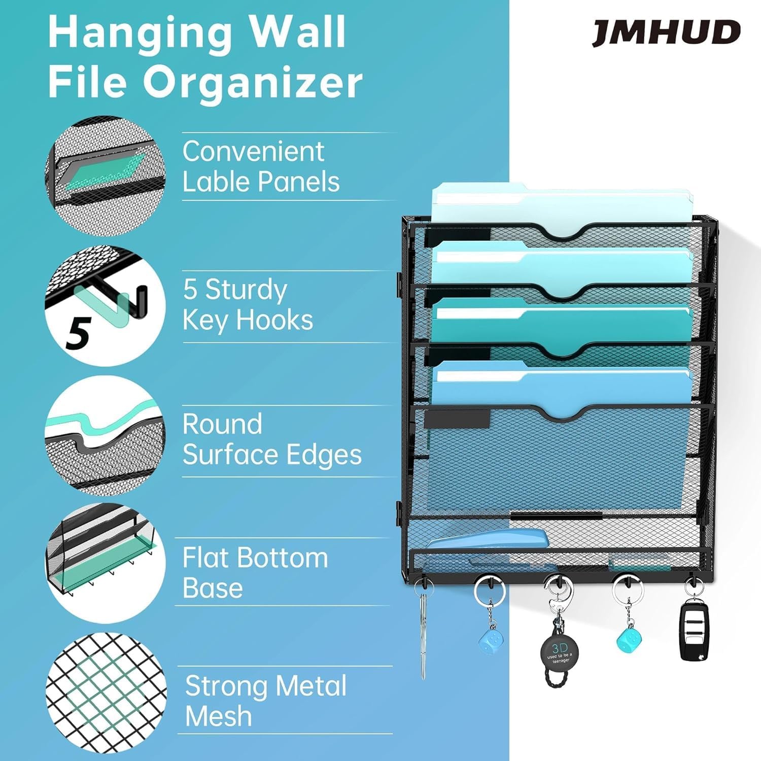 2 Pack 5 Tier Wall File Organizer - Hanging File Organizer with 5 Hooks, Mail Holder Wall Mounted for Papers, Folders, Magazines, Bills, Office&School Organization, Black