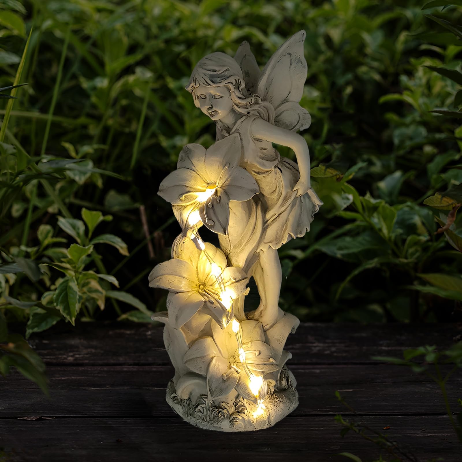 Gartendeko Fee Deko,36 LED Wasserdichte Dschinn Solar Licht,Harz Elfen Gartenstatue,Draußen Wetterfest Gartenfiguren Blumenfee Solar Figur,Fee Engel Skulptur für Rasen,Hof,Terrasse,Fensterbank