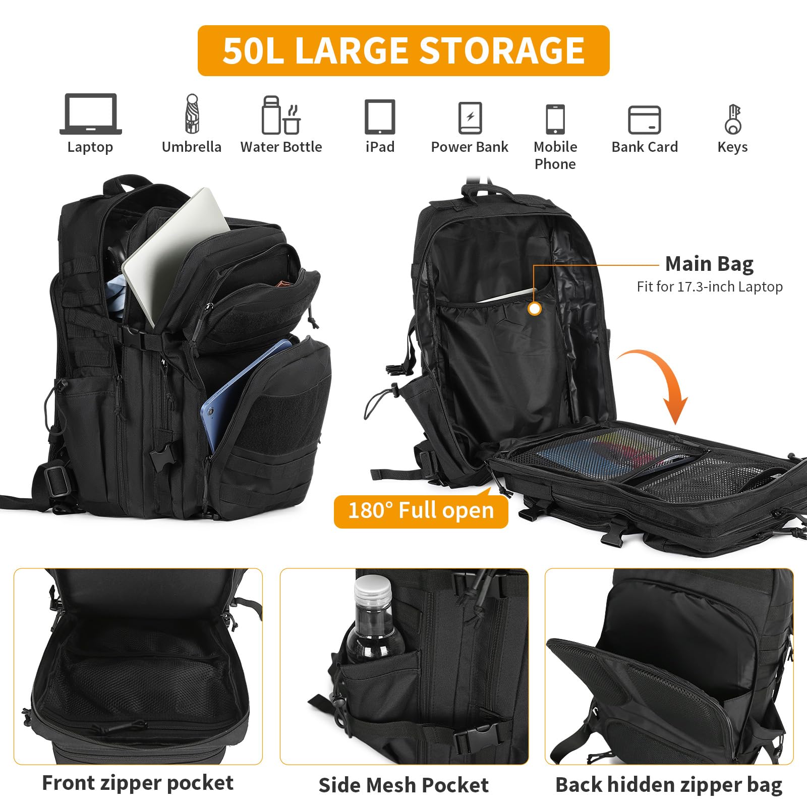 HUNTVP 50L Zaino Militare con Scomparto per Scarpe Zaino Tattico Molle Impermeabile per Sport Escursionismo Campeggio, nero