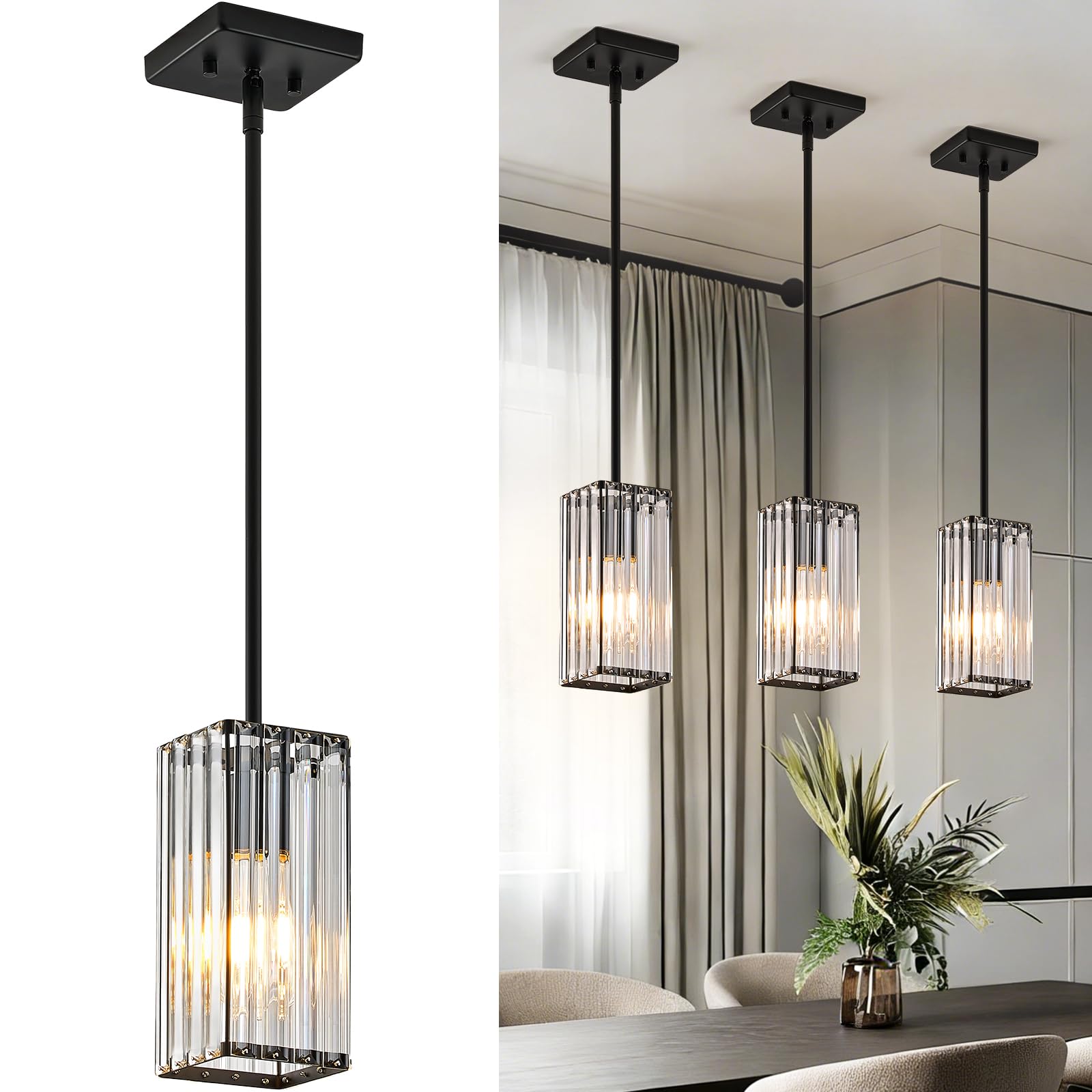 Photo 1 of Kvhiiw Modern Crystal Pendant Lights Kitchen Island, 3-Pack Black Hanging Light with Clear Crystal Shade, Adjustable Height Pendant Lighting for Kitchen Island Dining Room Bedroom Bar Entryway