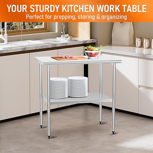 Miniatura 6 de Mesa de preparación y trabajo de acero inoxidable con estante ajustable y salpicadero, isla de cocina con almacenamiento, estaciones de trabajo