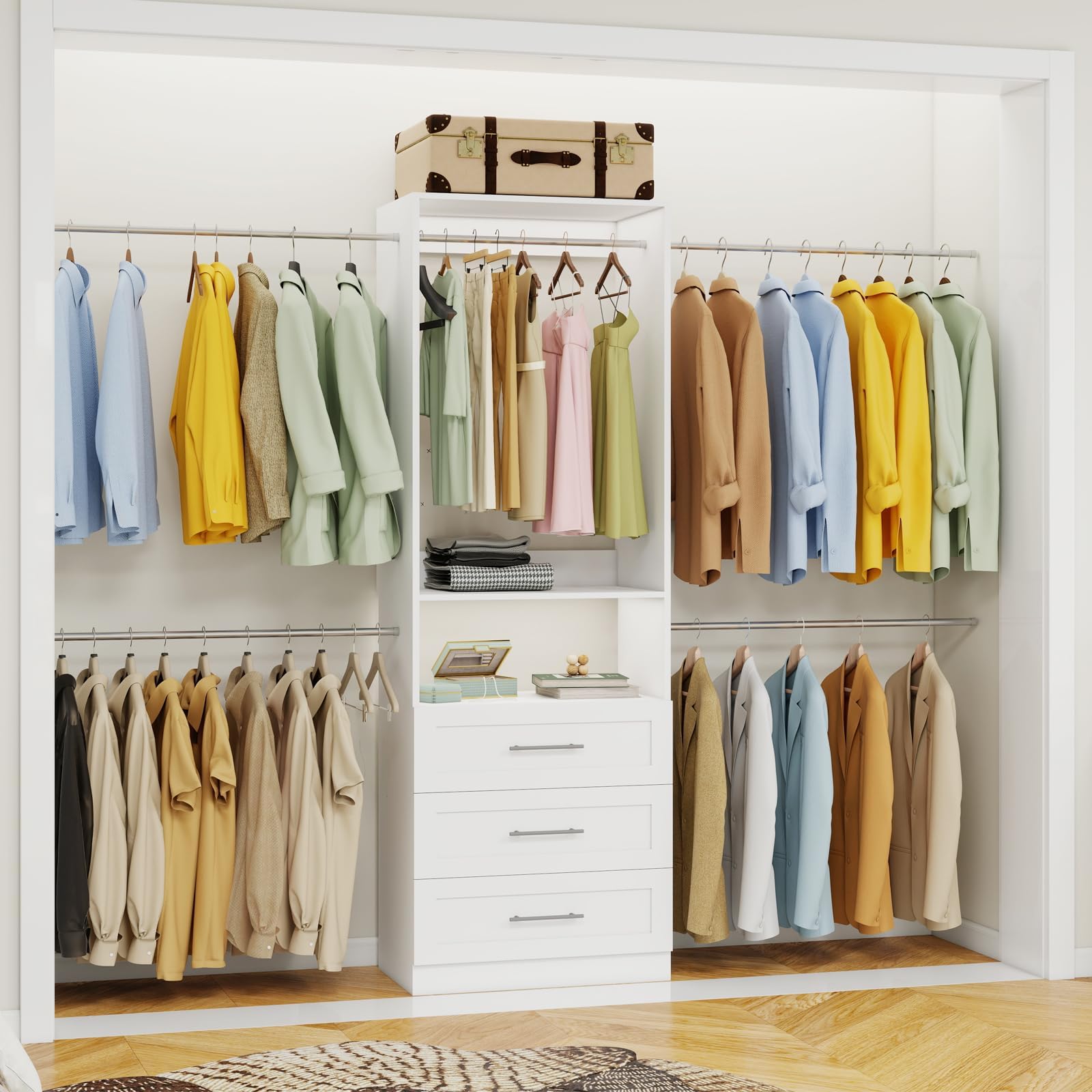 5–9FT Closet System with 3 Wood Drawers, Closet Organizer System with 5 Expandable Hanging Rods, Walk-in Closet System with Shelves, Wall Mounted Built-in Closet Organization System