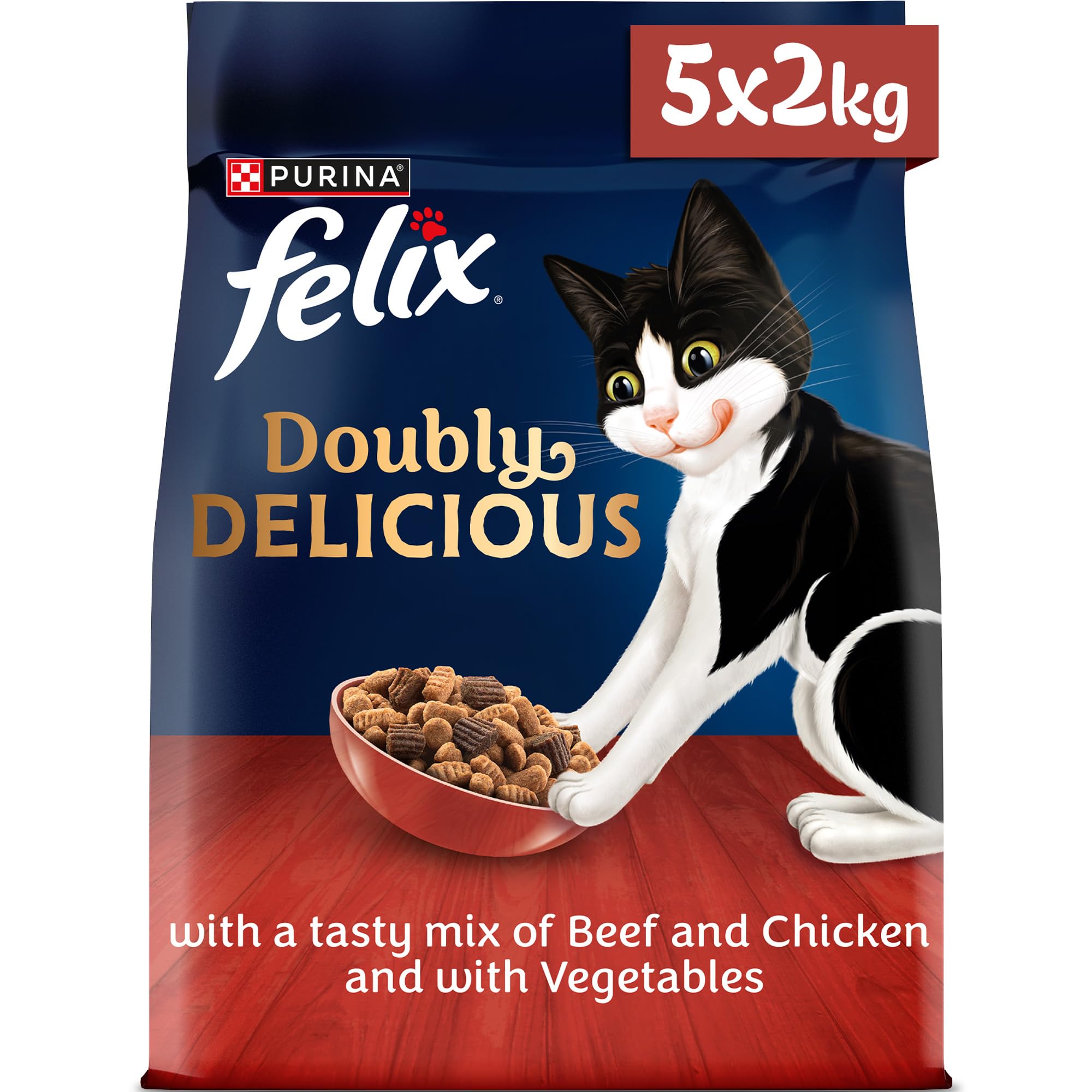 FELIX Doubly Delicious Beef, Chicken & Vegetables Dry Cat Food 2kg (Pack of 5)