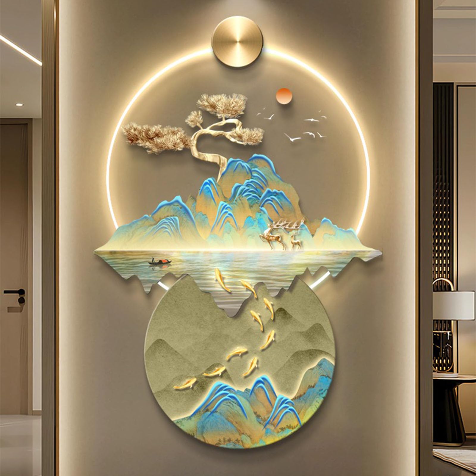 Granestner 3D Wall Sculpture Art, Oriental Traditional Chinese Hanging Painting, Nine Koi Fish Feng Shui Decor for Entrance Hallway