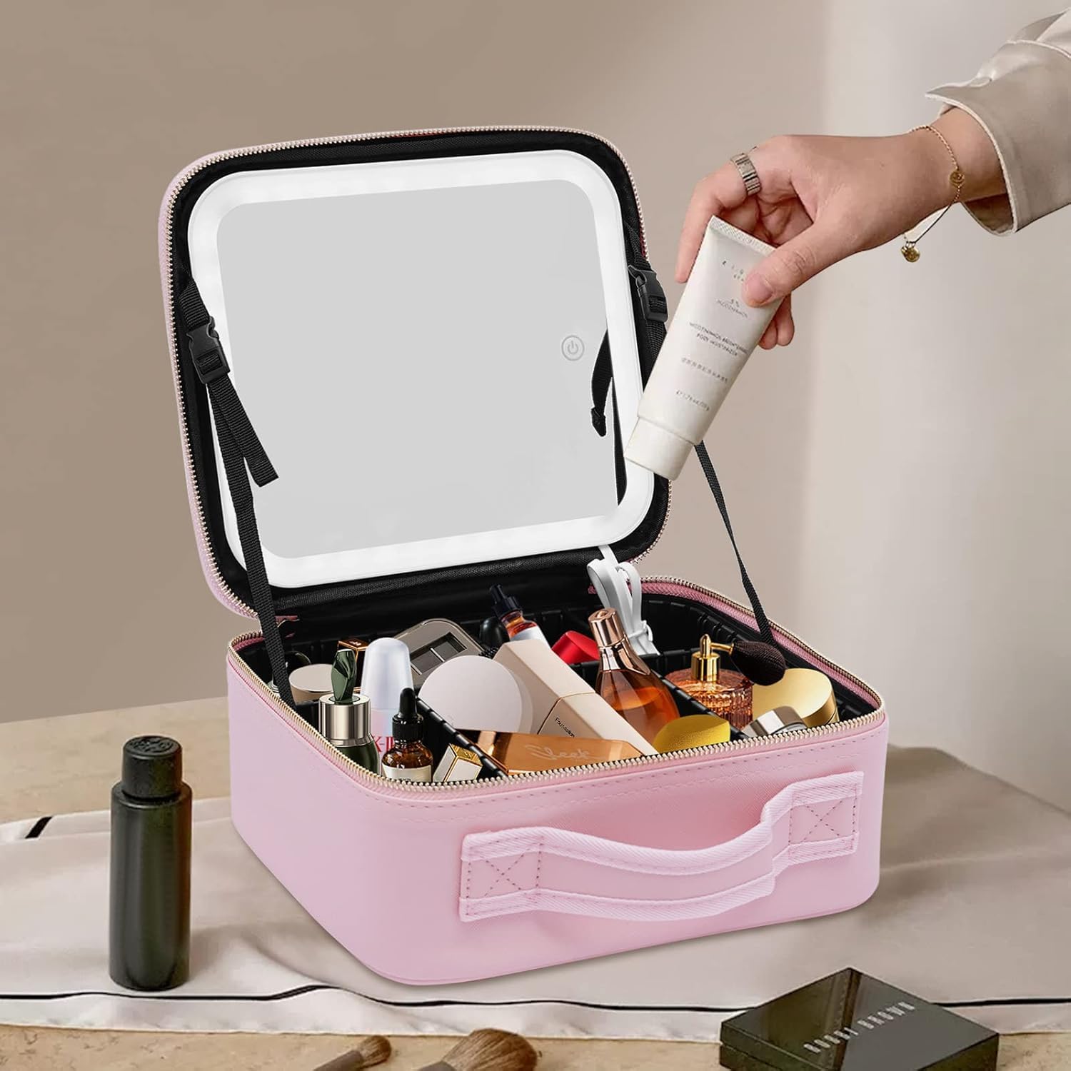 Kosmetyczka, Etui Na Organizer Pu, Etui Do Makijażu, Pudełko Na Kosmetyki, Podróżna Kosmetyczka Ze światłami I Lustrem, Kosmetyczka, Kosmetyczka Z Zamkiem, Duży Zestaw O, 1