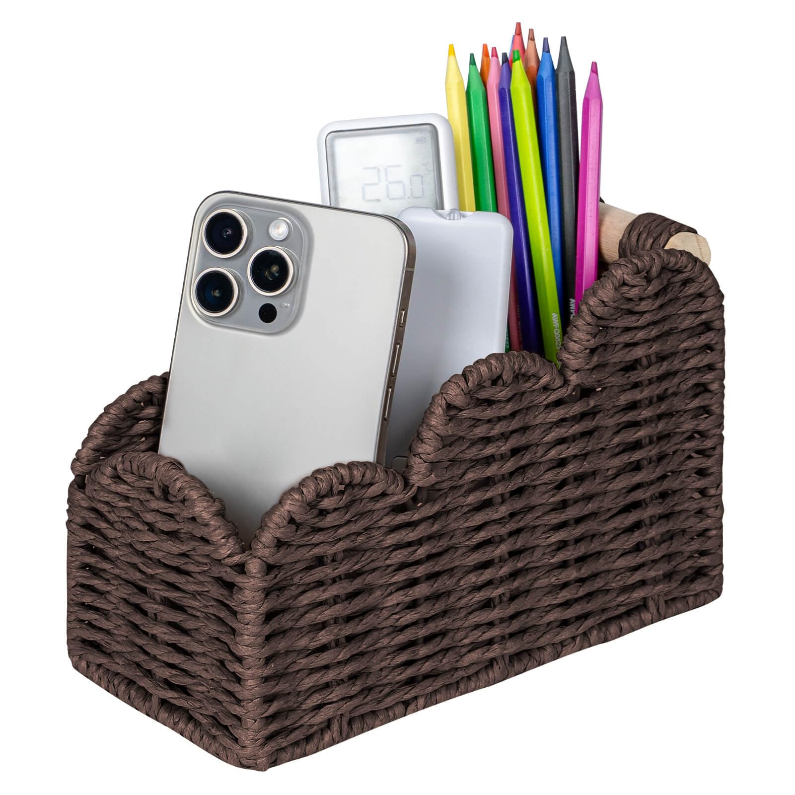 CubesLand Bedside Table Desk Organizer Caddy, Remote Pen&Pencil Holder Cup, Makeup Brush Holder w/Scalloped Perfect for Home, Office Desk, Living Room Table Decor, 3 Slots Brown — image 1