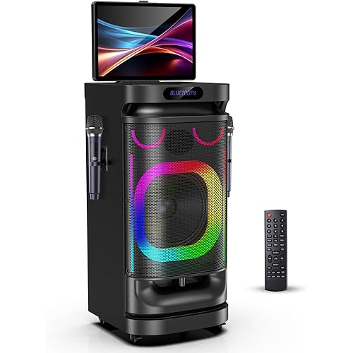 Karaoke Machine for Adults, Karaoke Machine with Screen, Karaoke Machine with Lyrics Display, Built-in 14.1" Touch Screen with Two Wireless Mics, Professional Karaoke System with DJ Lights
