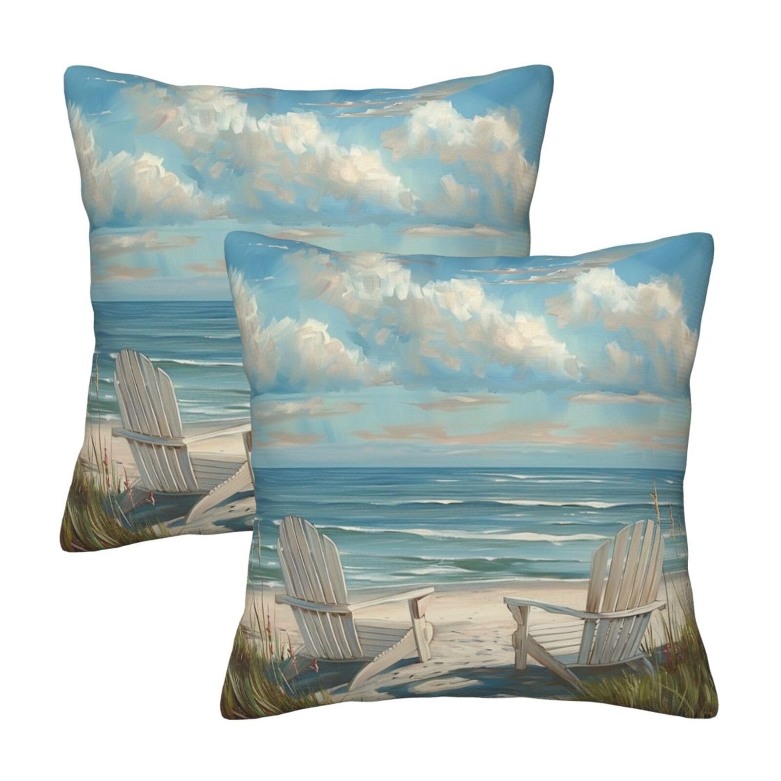 kkvhhyuo beach scene with chairs Print Pillow Covers Set of 2, Square Decorative Cushion Covers with Hidden Zipper, Throw Pillow Cases for Living Room Sofa Bed Chair, 50x50 cm