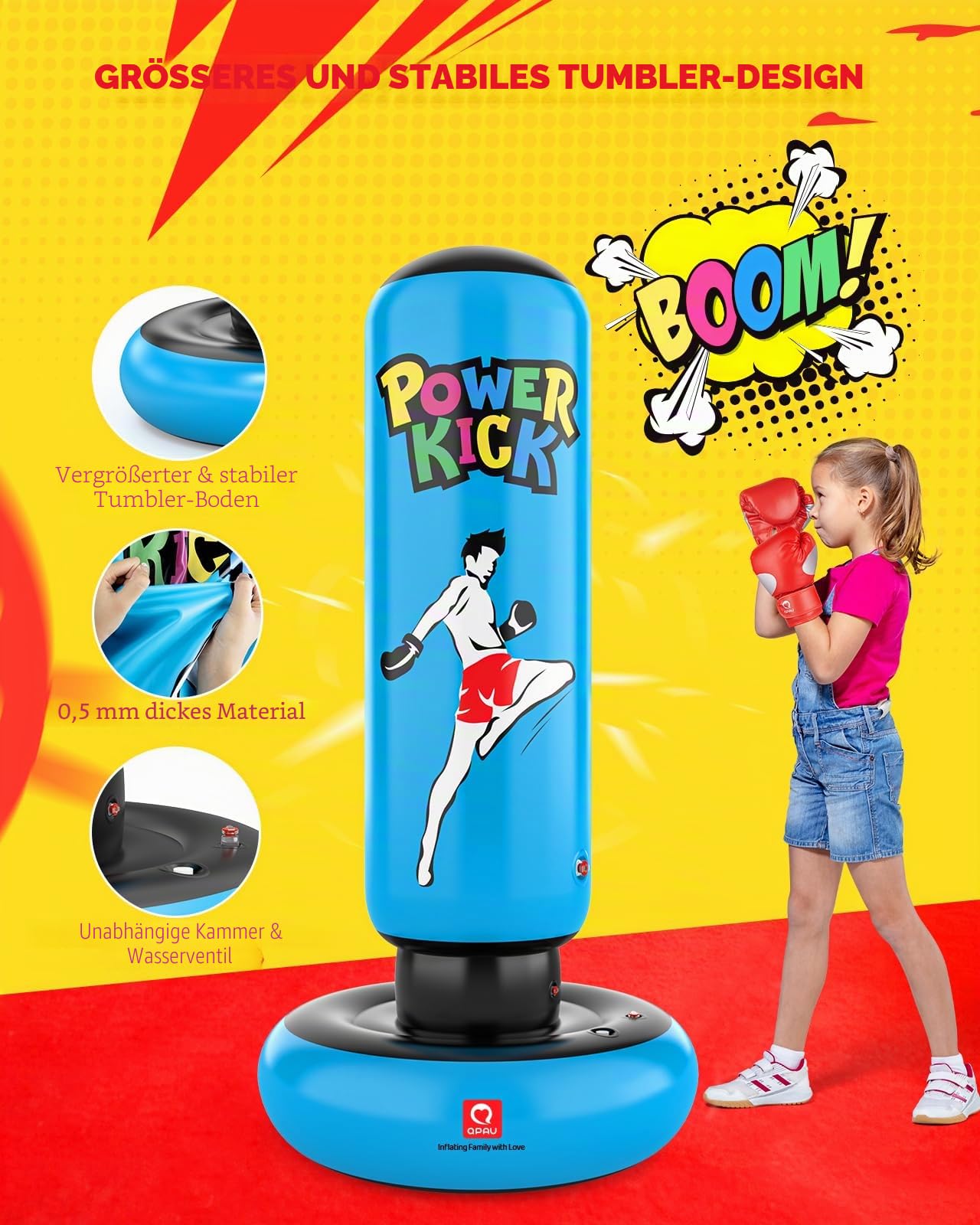 QPAU Kinder Boxsack Spielzeug mit Boxhandschuhen, 66 Zoll größere stabile Kinder aufblasbare Boxsack Set, Geschenke für Jungen & Mädchen Alter 6-12