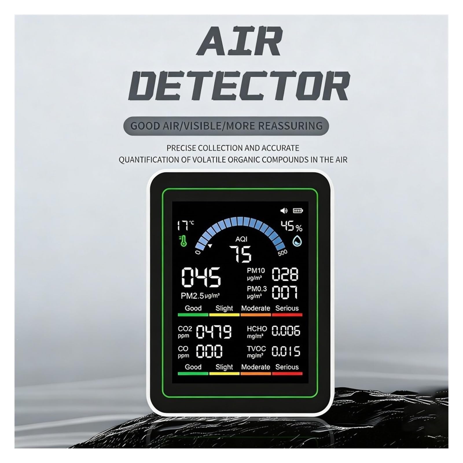 Monitor de calidad del aire, Detector De Calidad Del Aire CO2, Temperatura Y Humedad, Monitor Dióxido Carbono 10 En 1, Formaldehído PM0.3 PM1.0 PM2.5 PM10(Black)