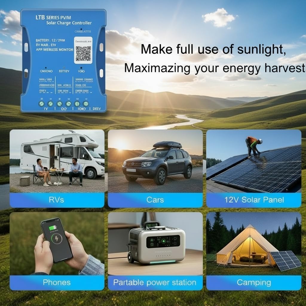 Contrôleur de chargeur solaire Bluetooth 20 A 12 V/24 V Régulateur intelligent Panneau solaire Statistiques de charge de batterie Pwm avec port USB 12 V 24 V Batterie au plomb-acide/lithium