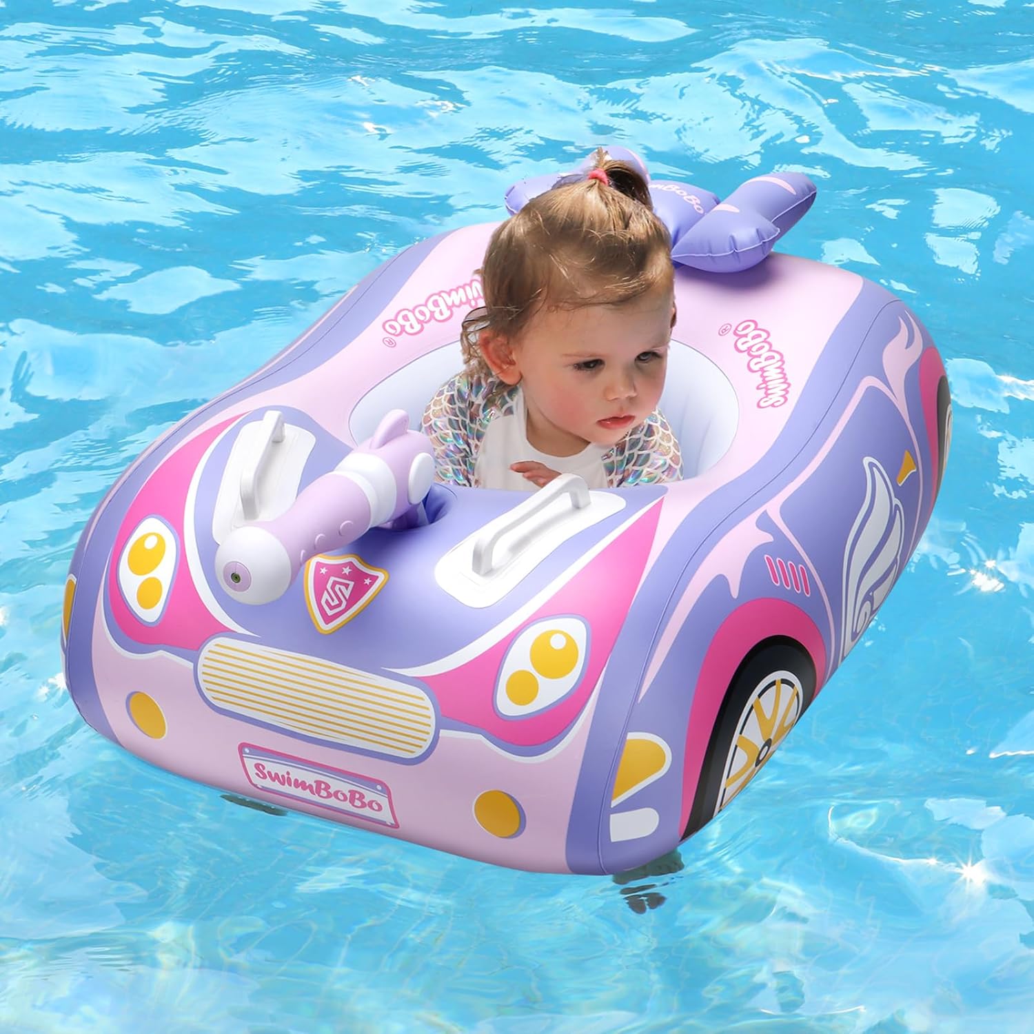 Swimbobo Toddler Pool Float with Seat Boat Inflatable Ride-on Airplane Pirates Sharks Car for Kids Outdoor Toys