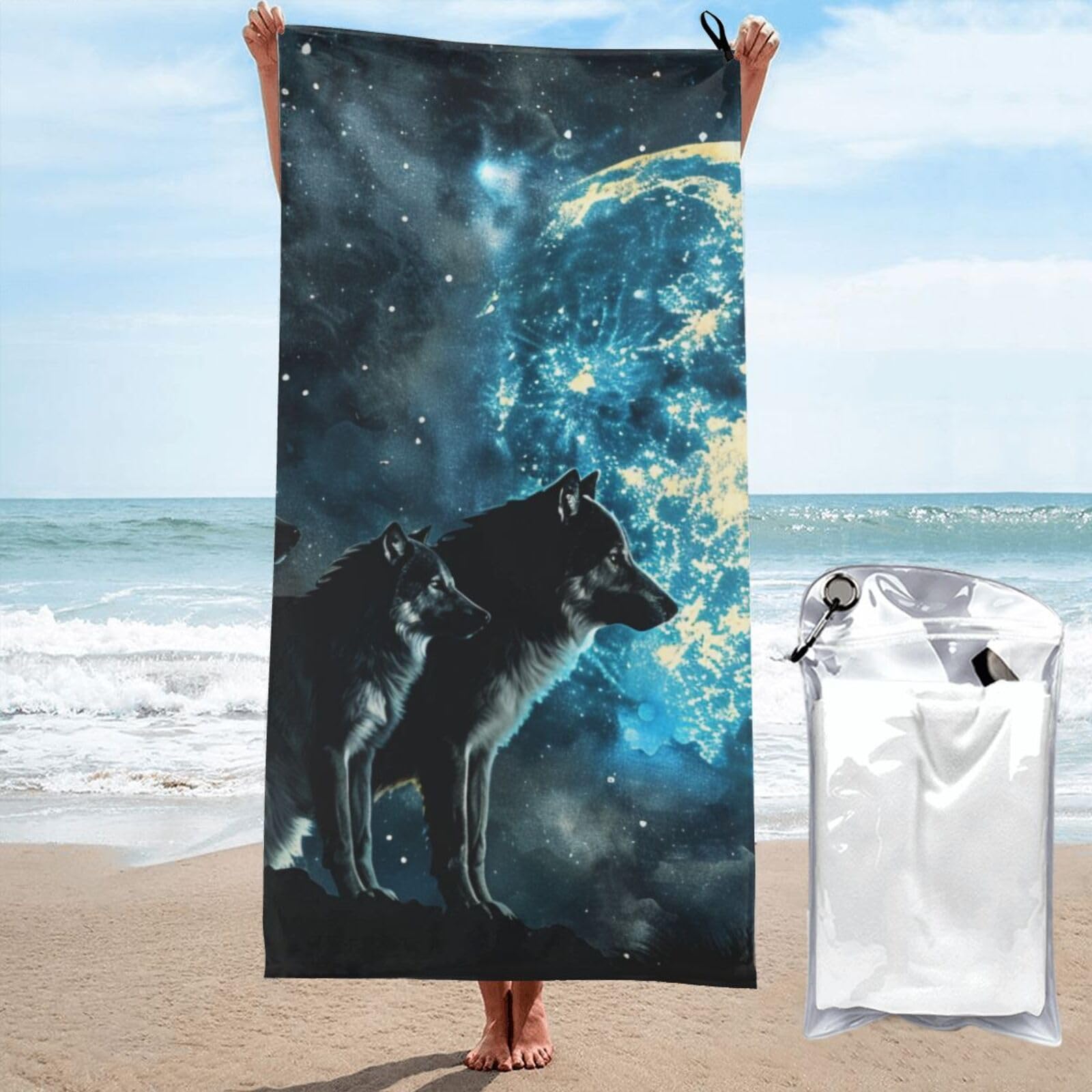 kkvhhyuo Microfiber Beach Towel, Wolfs Printed Lightweight Quick Dry Travel Bath Sheet with Compact Carry Bag for Swimming Yoga Camping Gym,31.5"x63"